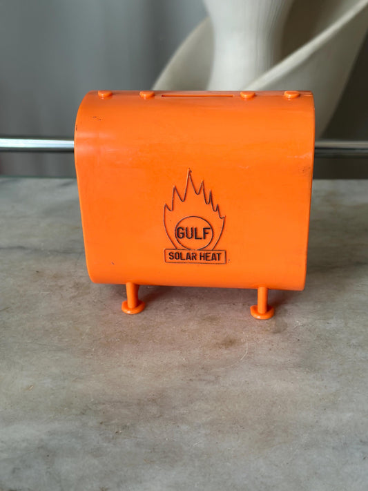 Vintage Gulf Oil Coin Bank: Middletown Ice & Coal Promo, Orange Plastic