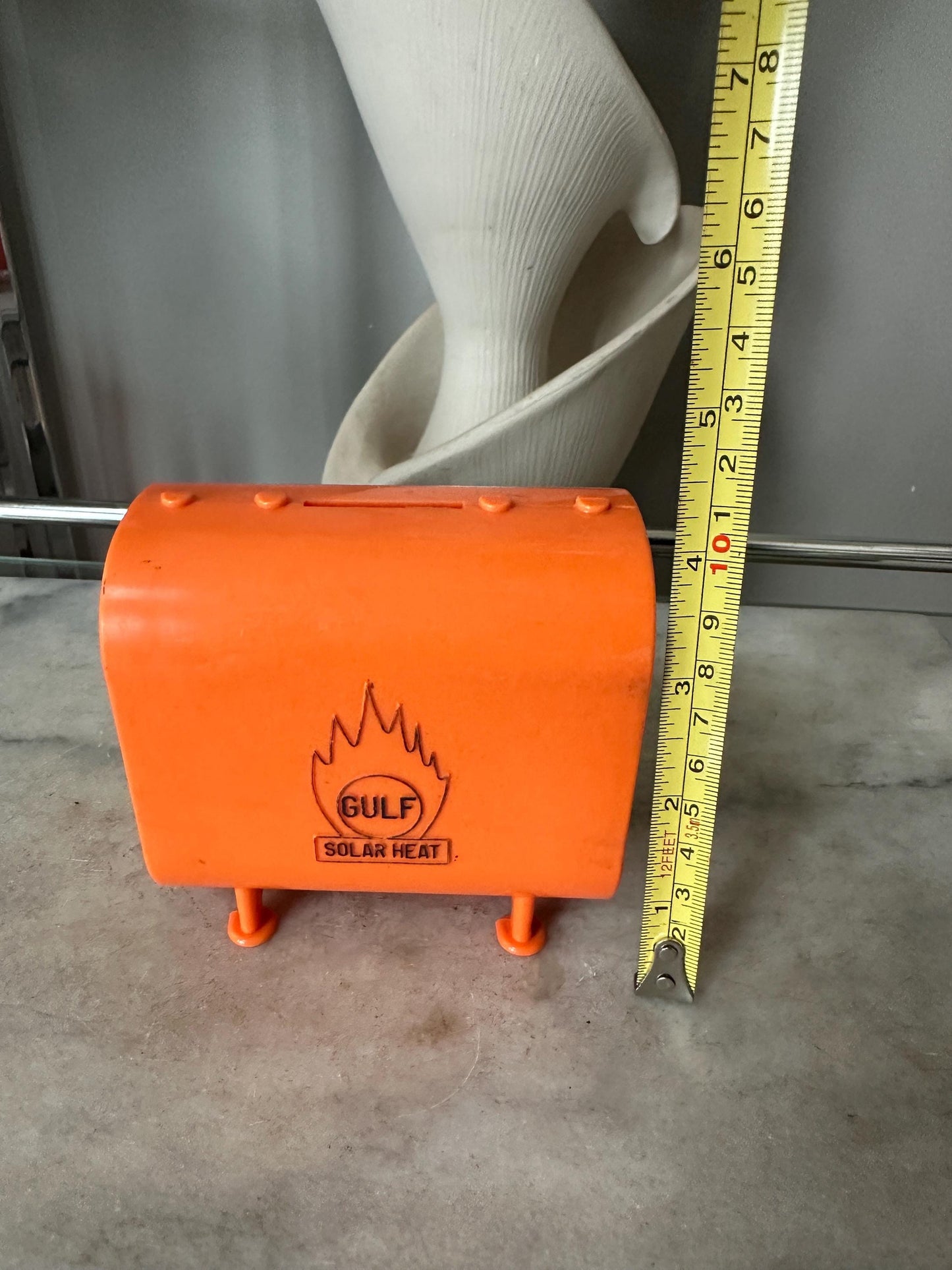 Vintage Gulf Oil Coin Bank: Middletown Ice & Coal Promo, Orange Plastic