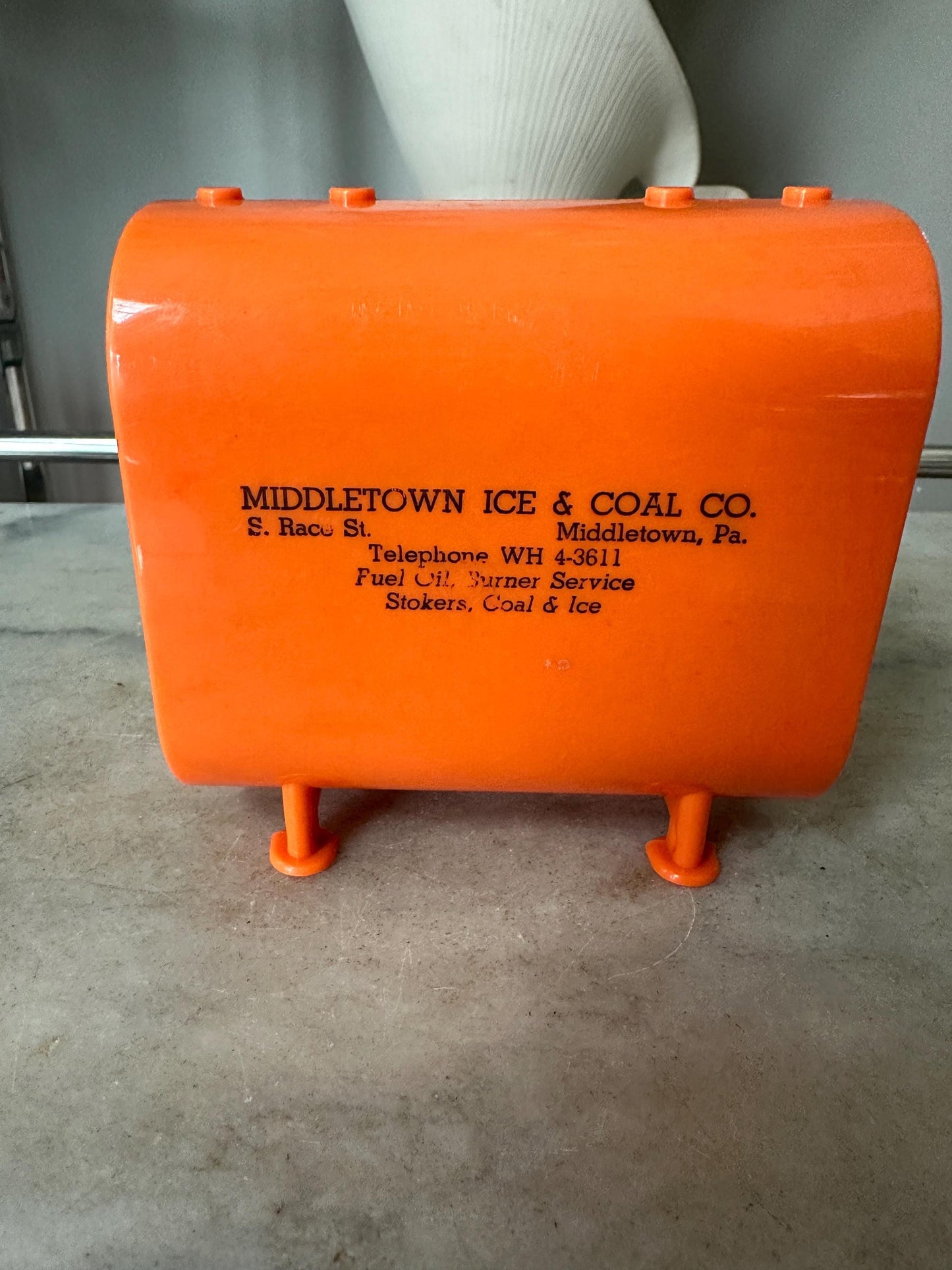 Vintage Gulf Oil Coin Bank: Middletown Ice & Coal Promo, Orange Plastic