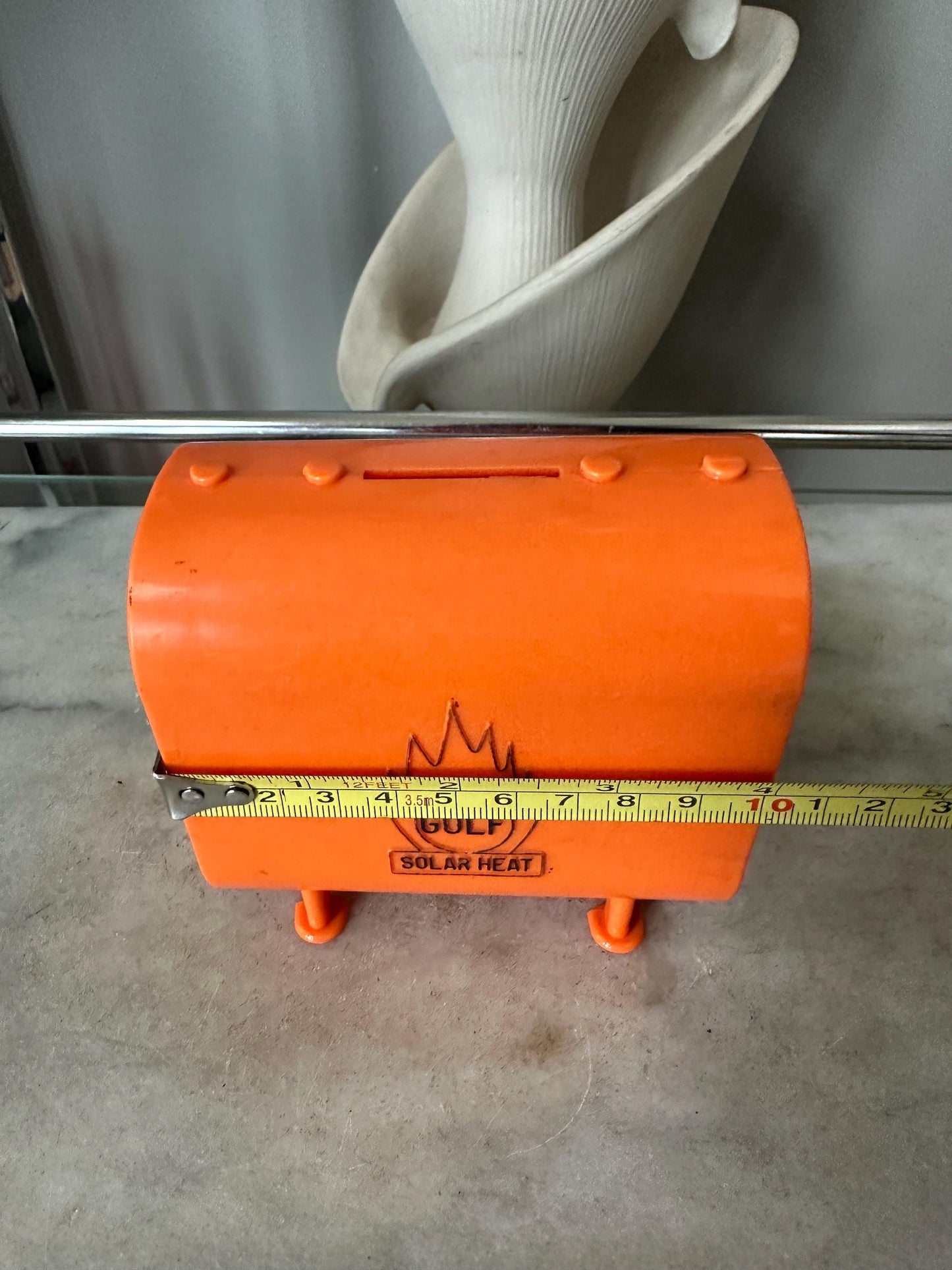 Vintage Gulf Oil Coin Bank: Middletown Ice & Coal Promo, Orange Plastic