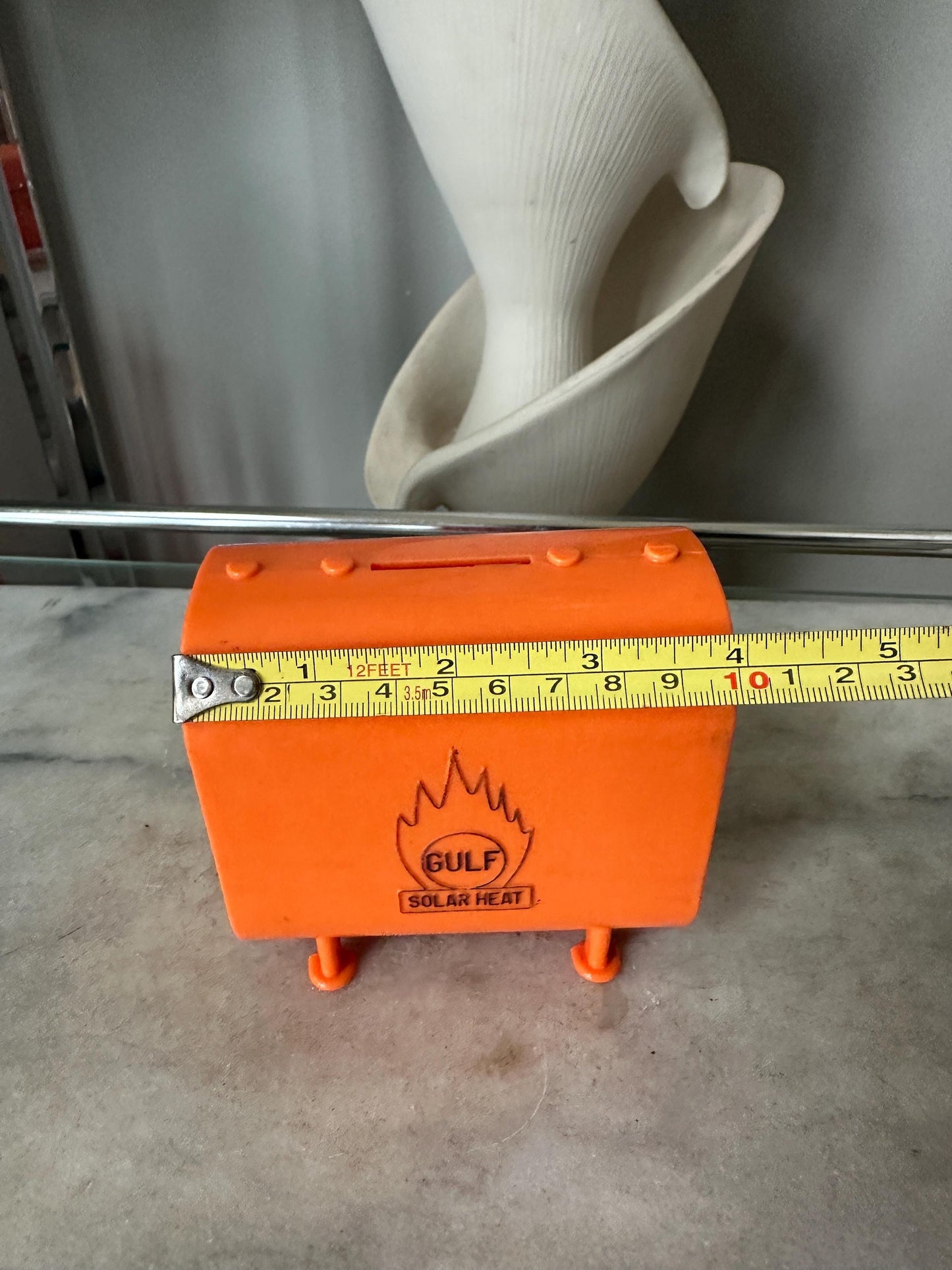 Vintage Gulf Oil Coin Bank: Middletown Ice & Coal Promo, Orange Plastic