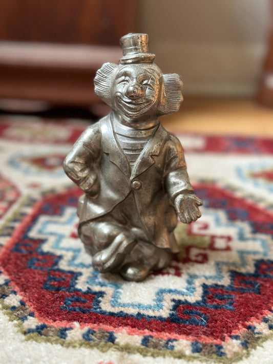 Vintage Silver-Plated Clown Coin Bank – 6.75” Tall, Opens with Coin – Whimsical Circus Decor
