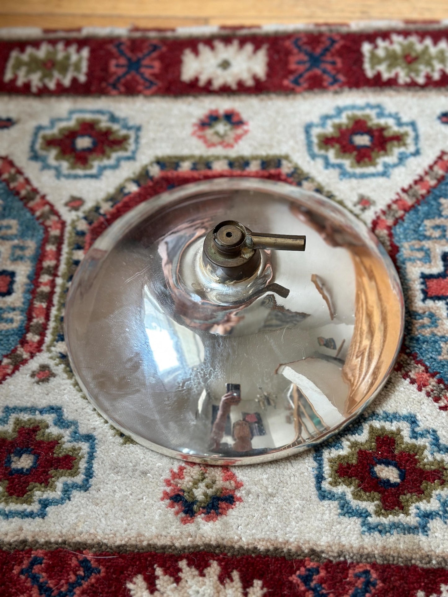 Antique Mercury Glass Oil Lamp Reflector – 10” Silvered Glass, Late Victorian Era (1880–1920)