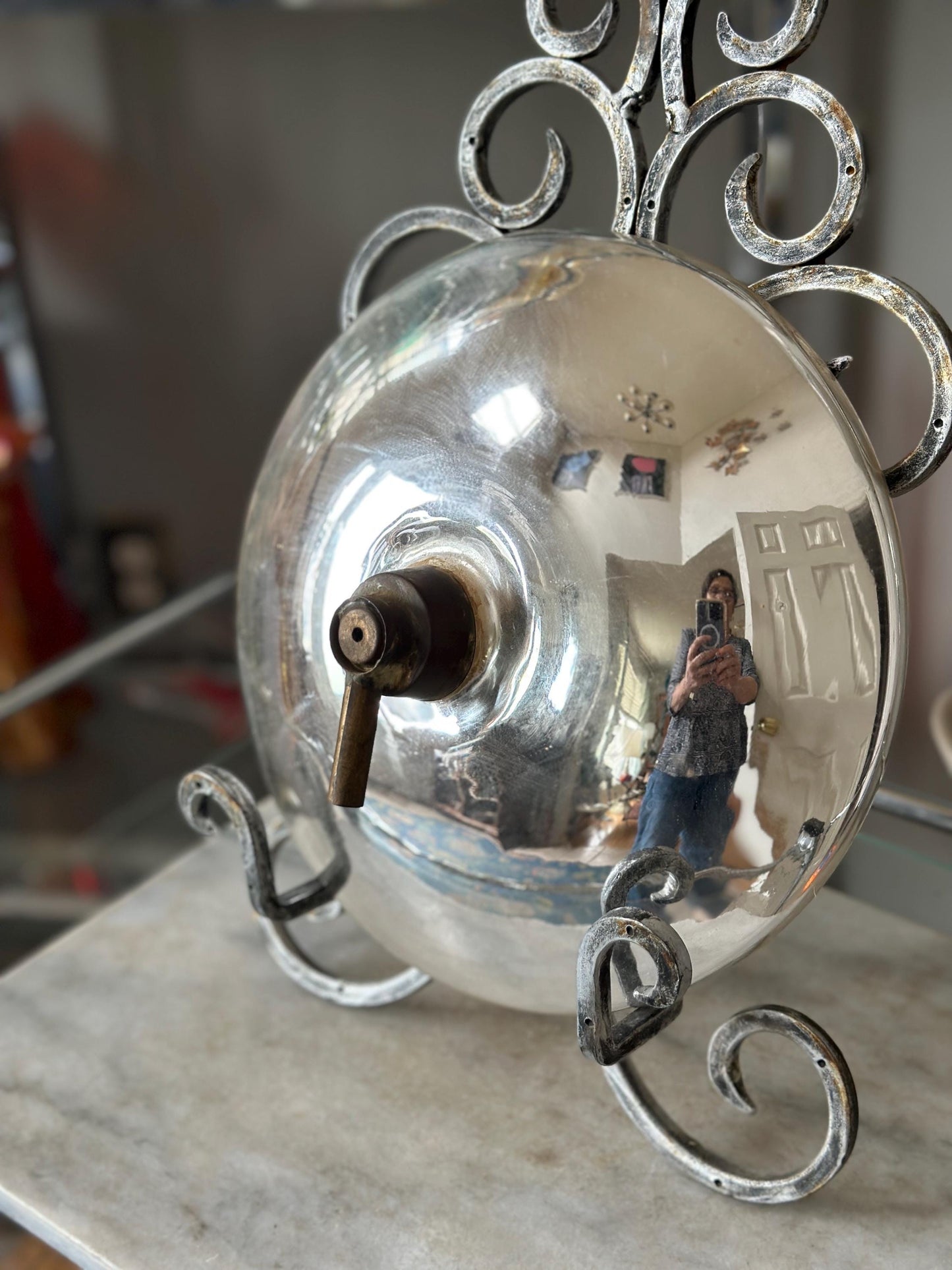 Antique Mercury Glass Oil Lamp Reflector – 10” Silvered Glass, Late Victorian Era (1880–1920)