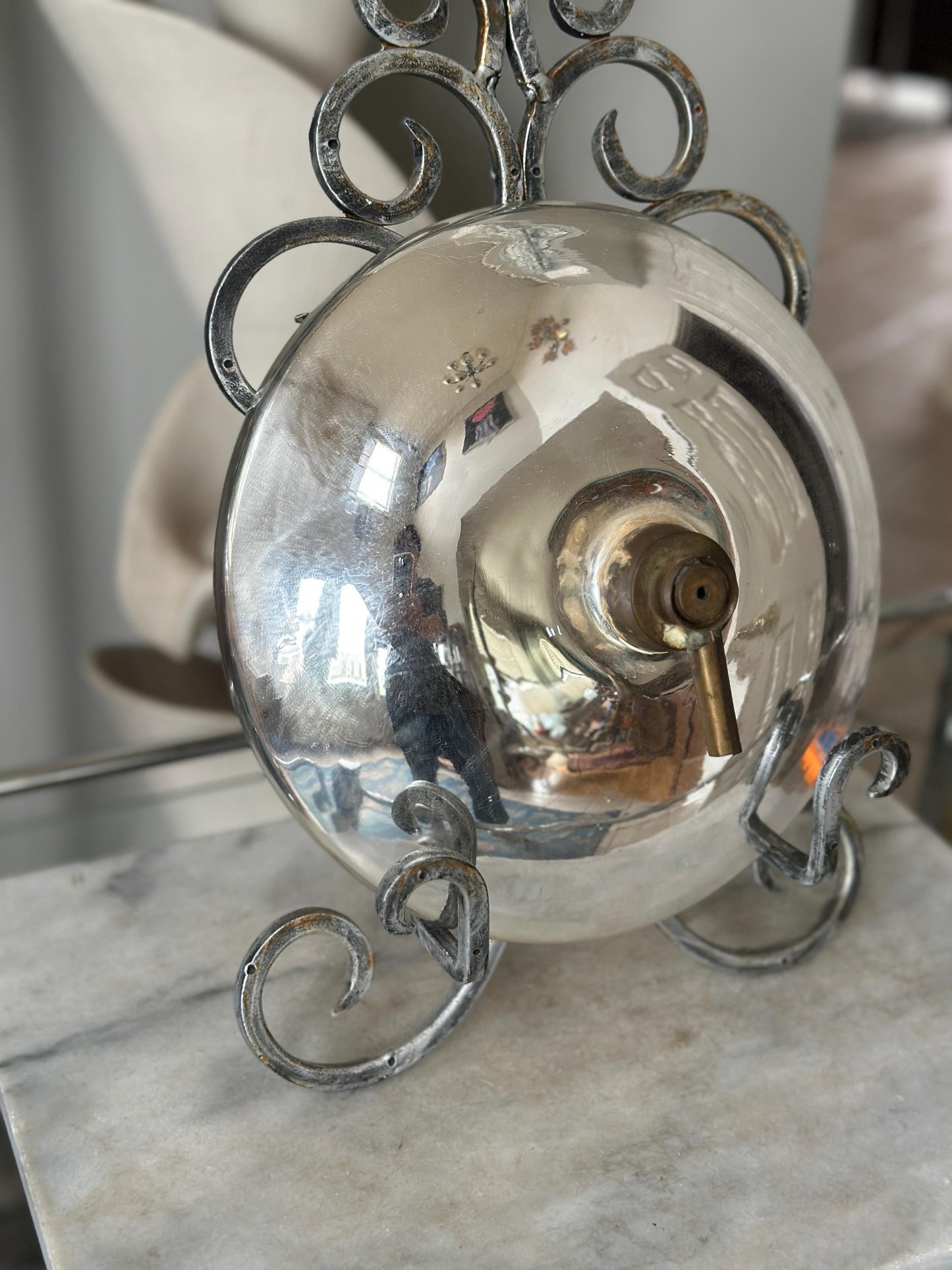 Antique Mercury Glass Oil Lamp Reflector – 10” Silvered Glass, Late Victorian Era (1880–1920)