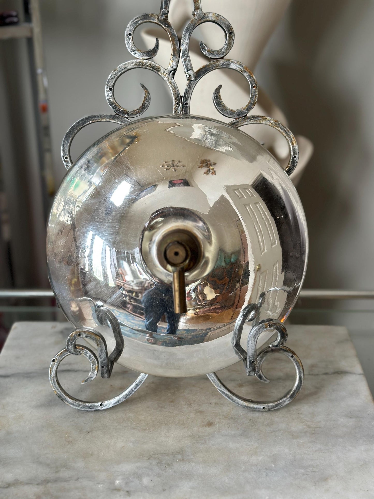Antique Mercury Glass Oil Lamp Reflector – 10” Silvered Glass, Late Victorian Era (1880–1920)