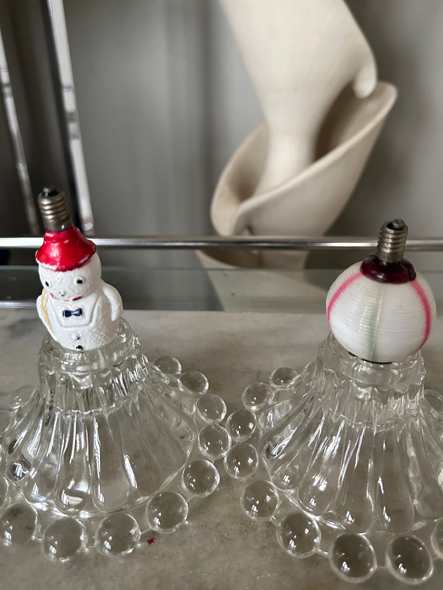1930s Milk Glass Christmas Light Bulbs: Snowman & Striped Ornament, Set of 2 bulbs