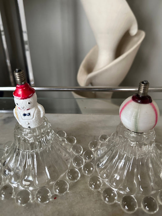 1930s Milk Glass Christmas Light Bulbs: Snowman & Striped Ornament