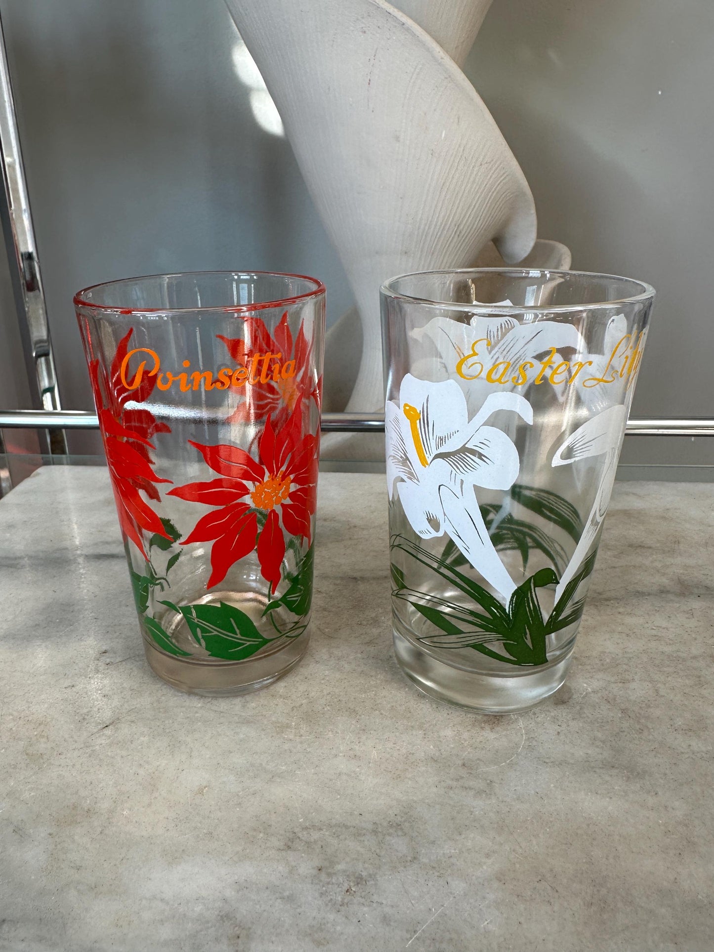 Vintage Boscul Floral Peanut Butter Glasses: Poinsettia & Easter Lily, Set of 2