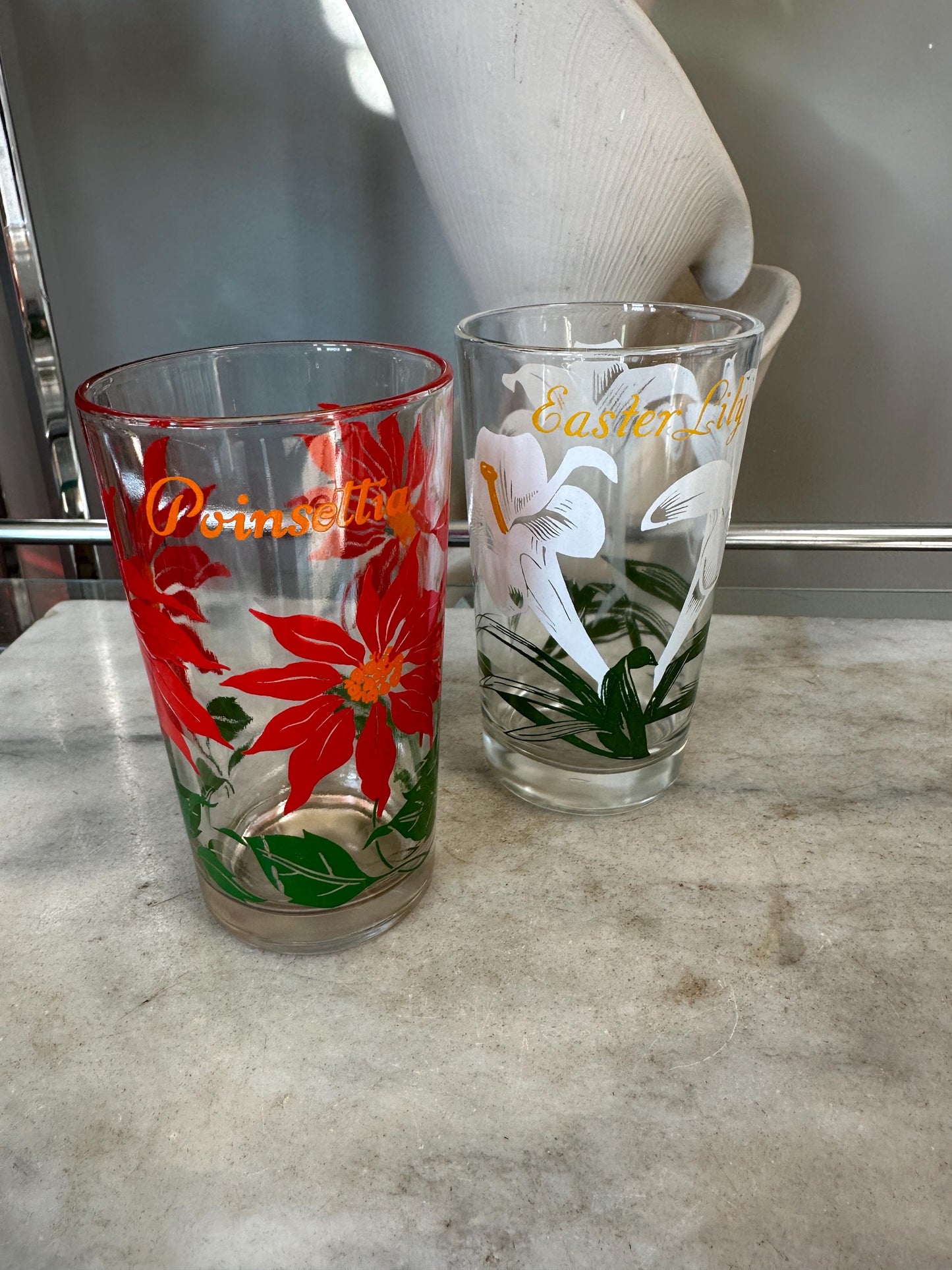 Vintage Boscul Floral Peanut Butter Glasses: Poinsettia & Easter Lily, Set of 2