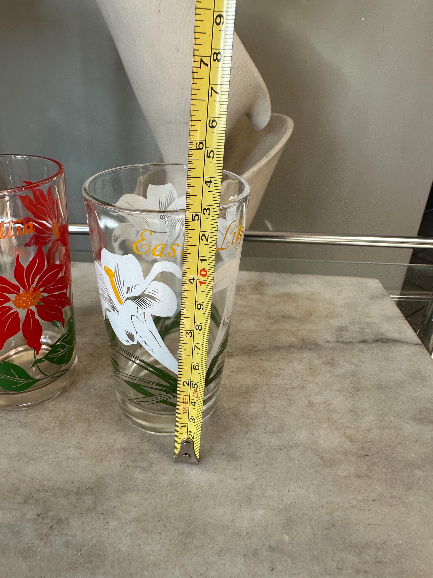 Vintage Boscul Floral Peanut Butter Glasses: Poinsettia & Easter Lily, Set of 2