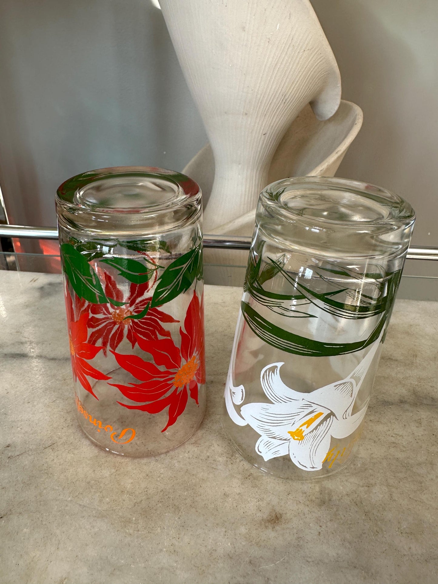 Vintage Boscul Floral Peanut Butter Glasses: Poinsettia & Easter Lily, Set of 2