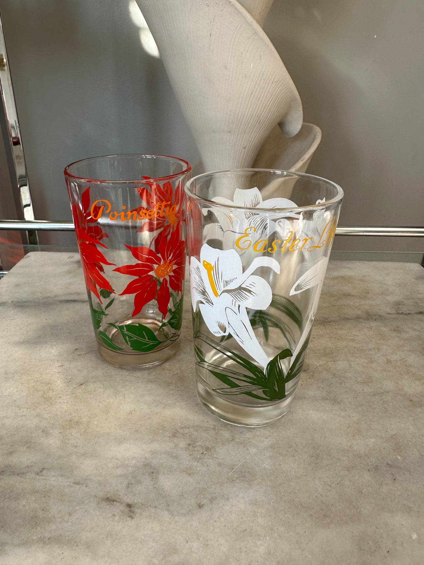 Vintage Boscul Floral Peanut Butter Glasses: Poinsettia & Easter Lily, Set of 2