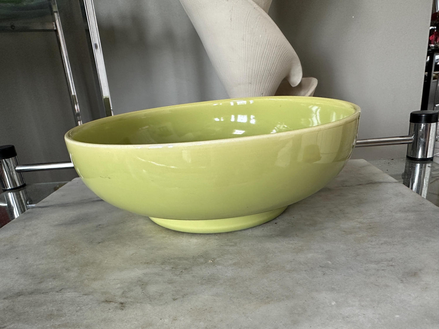 MCM Lime Green USA Pottery Pedestal Succulent Bowl Planter – 10” x 3.5”