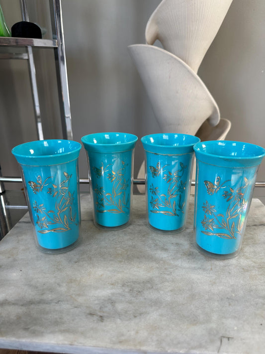 Vintage Insulated 4 Tumblers Plastic Mid Century Blue Floral & Butterflies