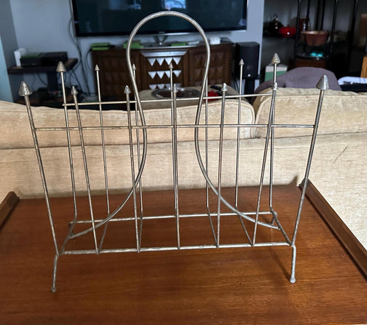 Vintage Atomic MCM Magazine Rack: Gold Toned  Metal Record Holder with Handle