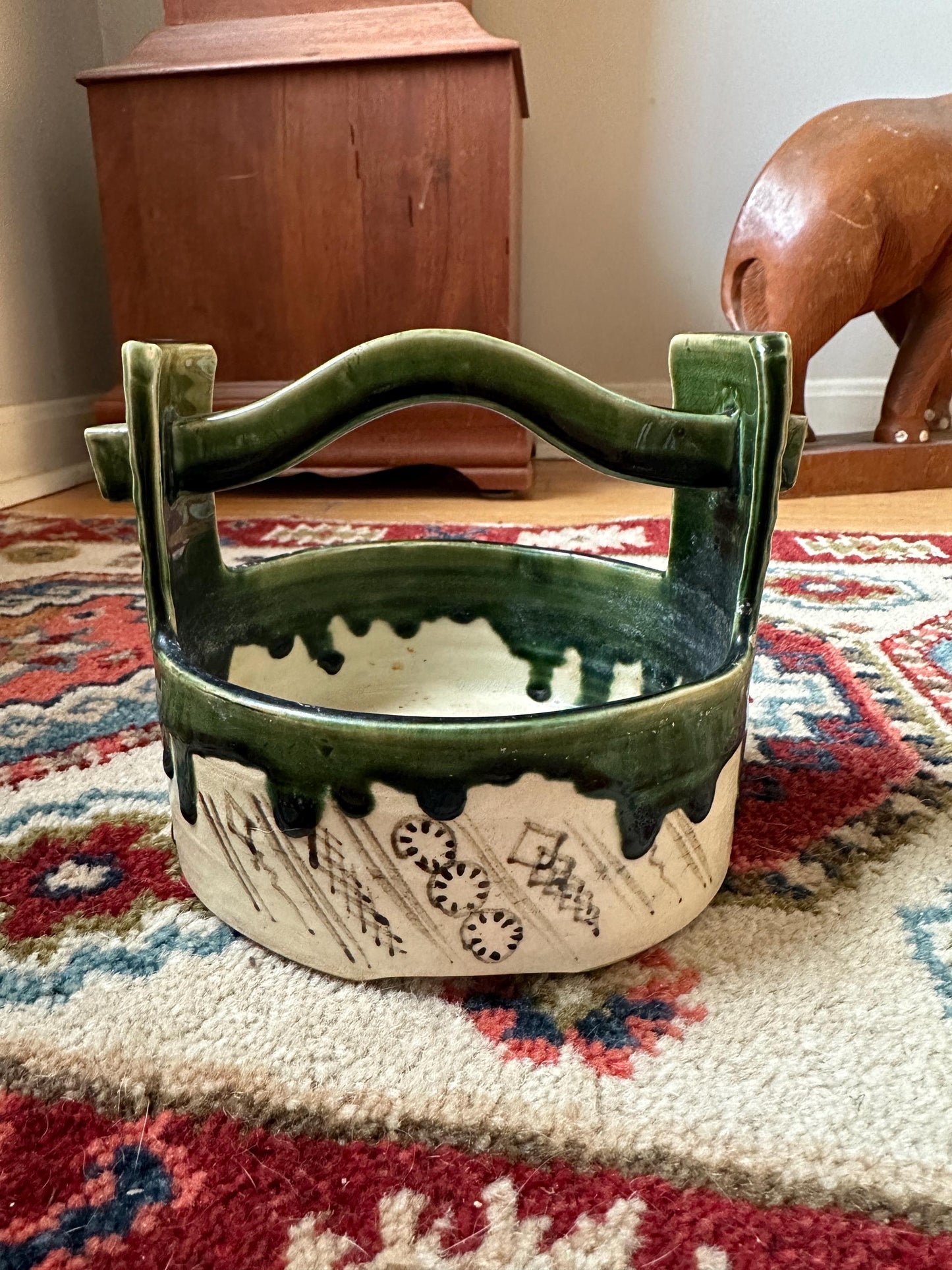 Vintage Hand-Painted Japanese Ceramic Planter: Green & White Glaze