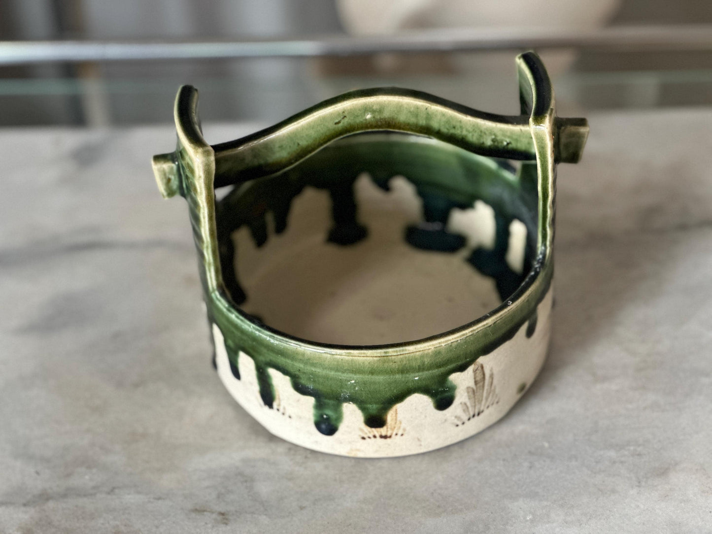 Vintage Hand-Painted Japanese Ceramic Planter: Green & White Glaze