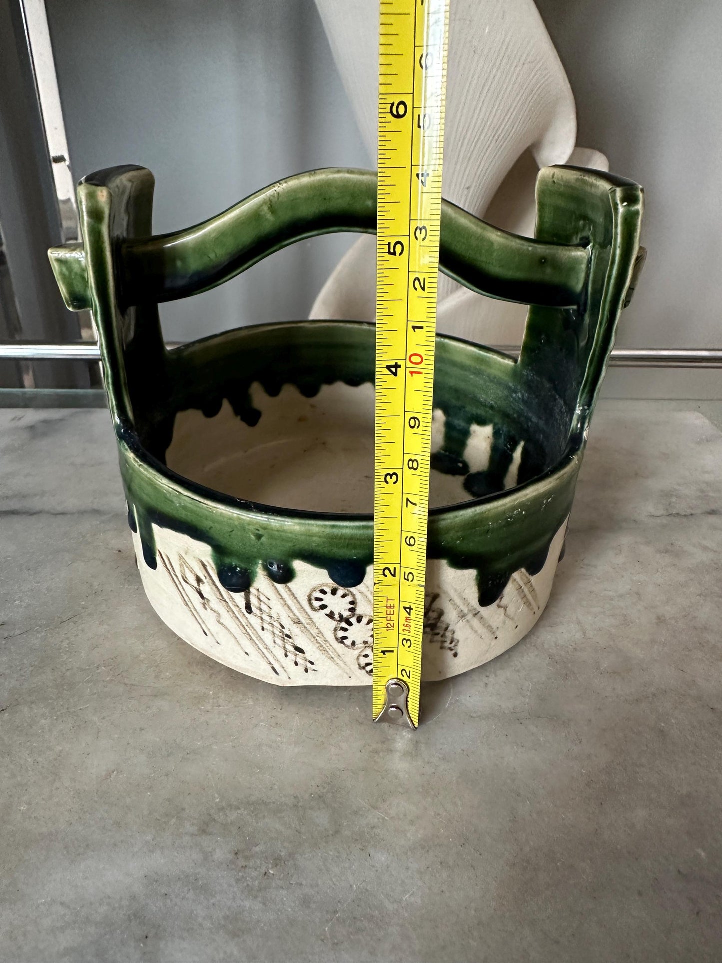 Vintage Hand-Painted Japanese Ceramic Planter: Green & White Glaze