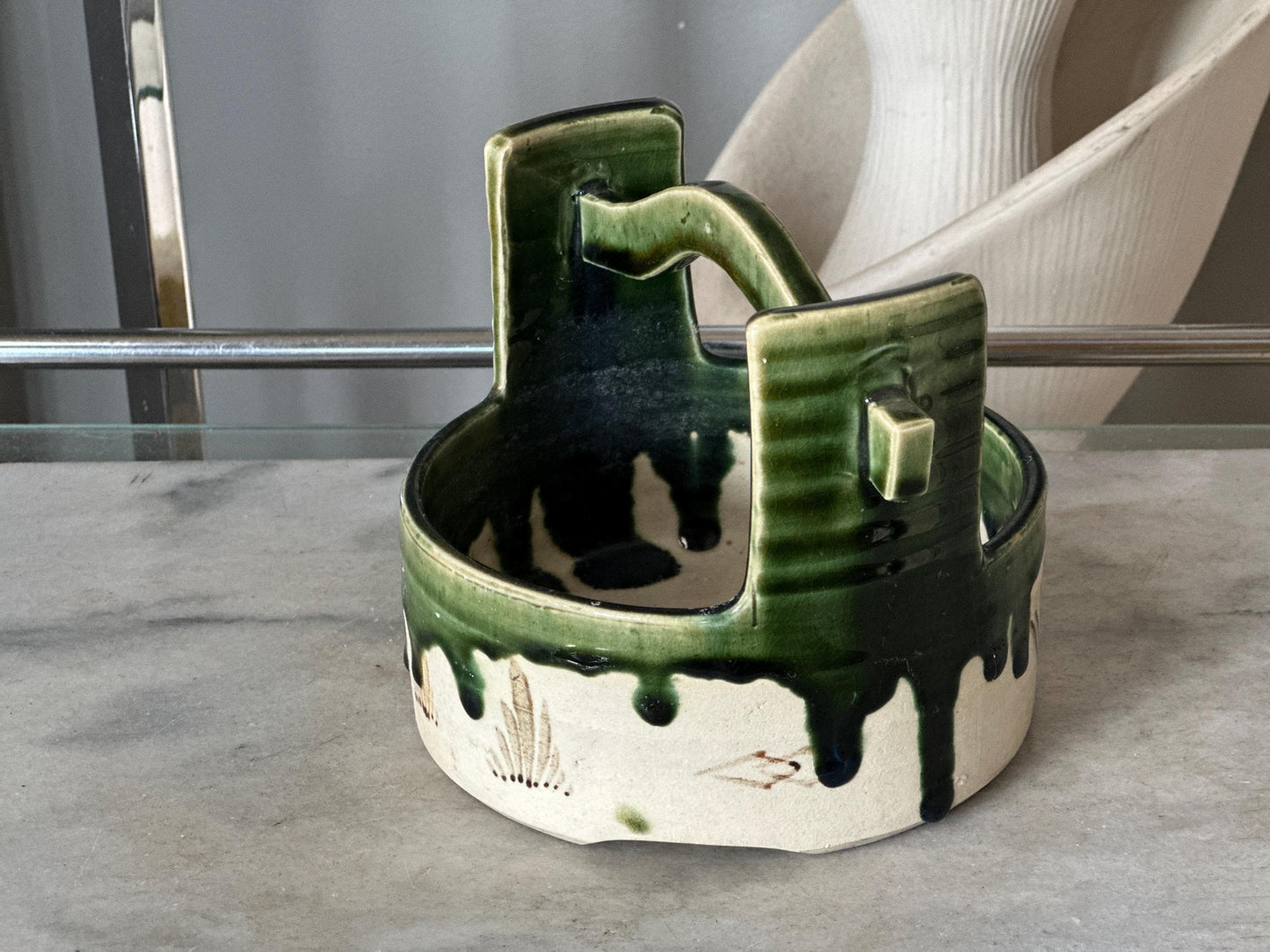 Vintage Hand-Painted Japanese Ceramic Planter: Green & White Glaze