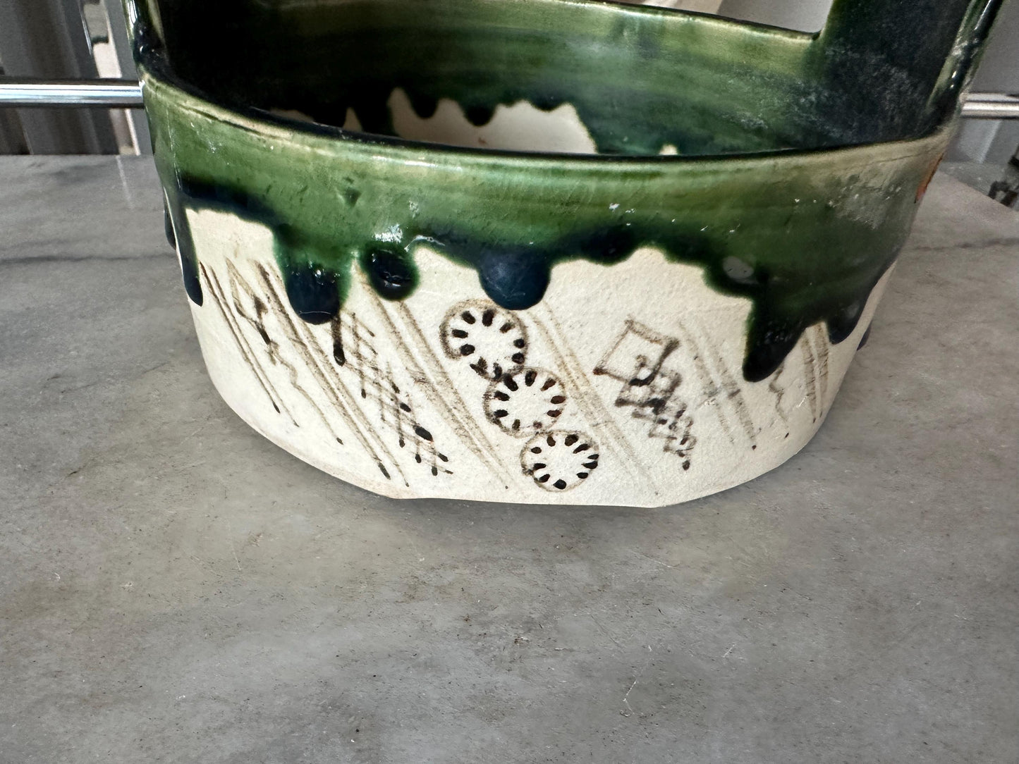 Vintage Hand-Painted Japanese Ceramic Planter: Green & White Glaze