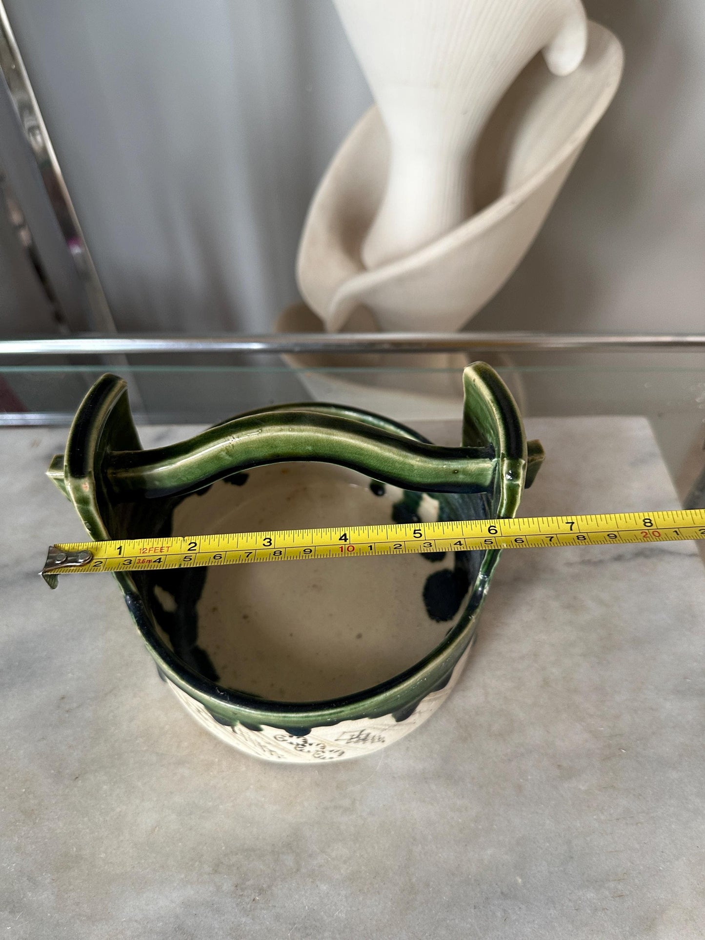Vintage Hand-Painted Japanese Ceramic Planter: Green & White Glaze