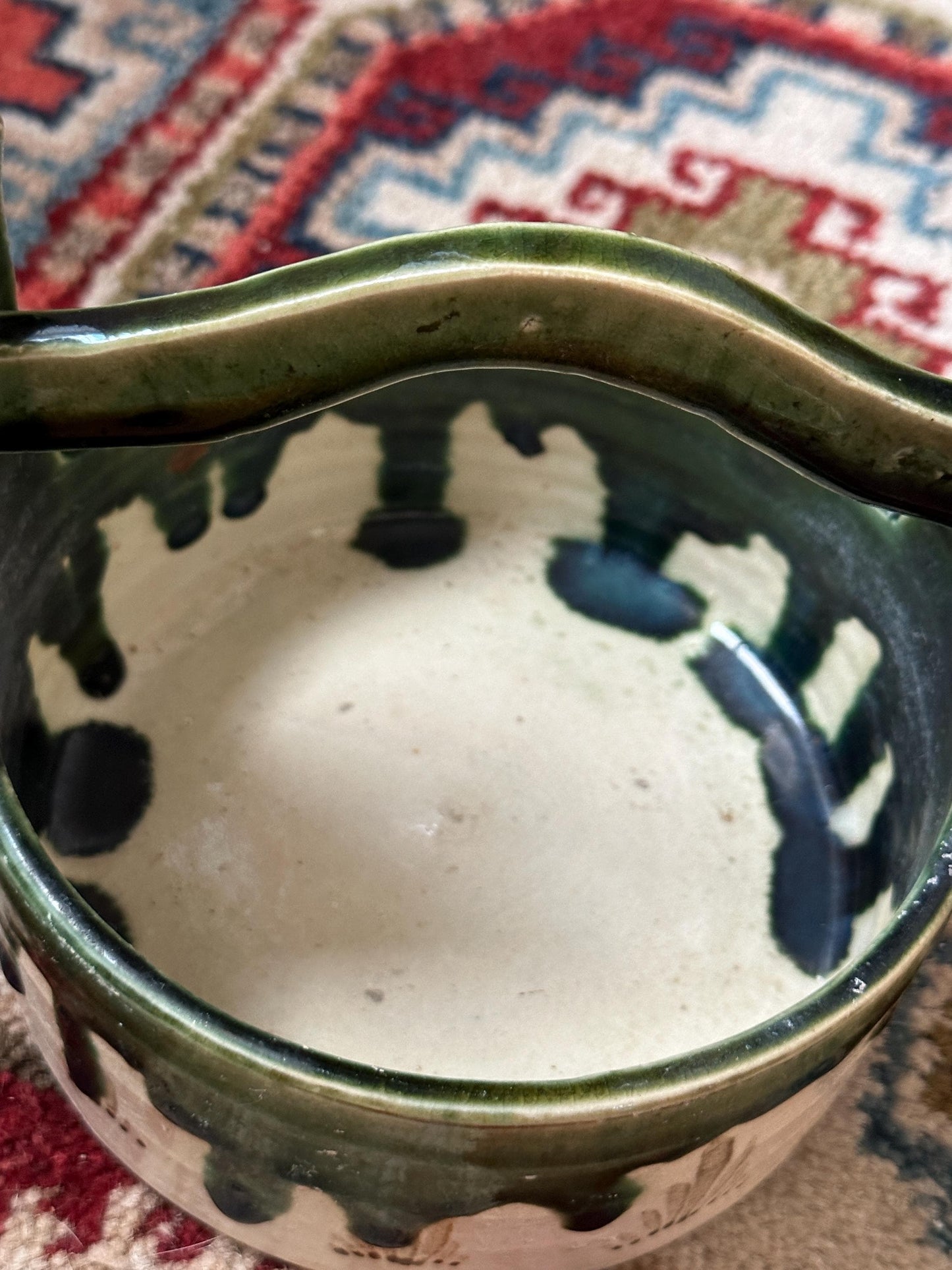 Vintage Hand-Painted Japanese Ceramic Planter: Green & White Glaze