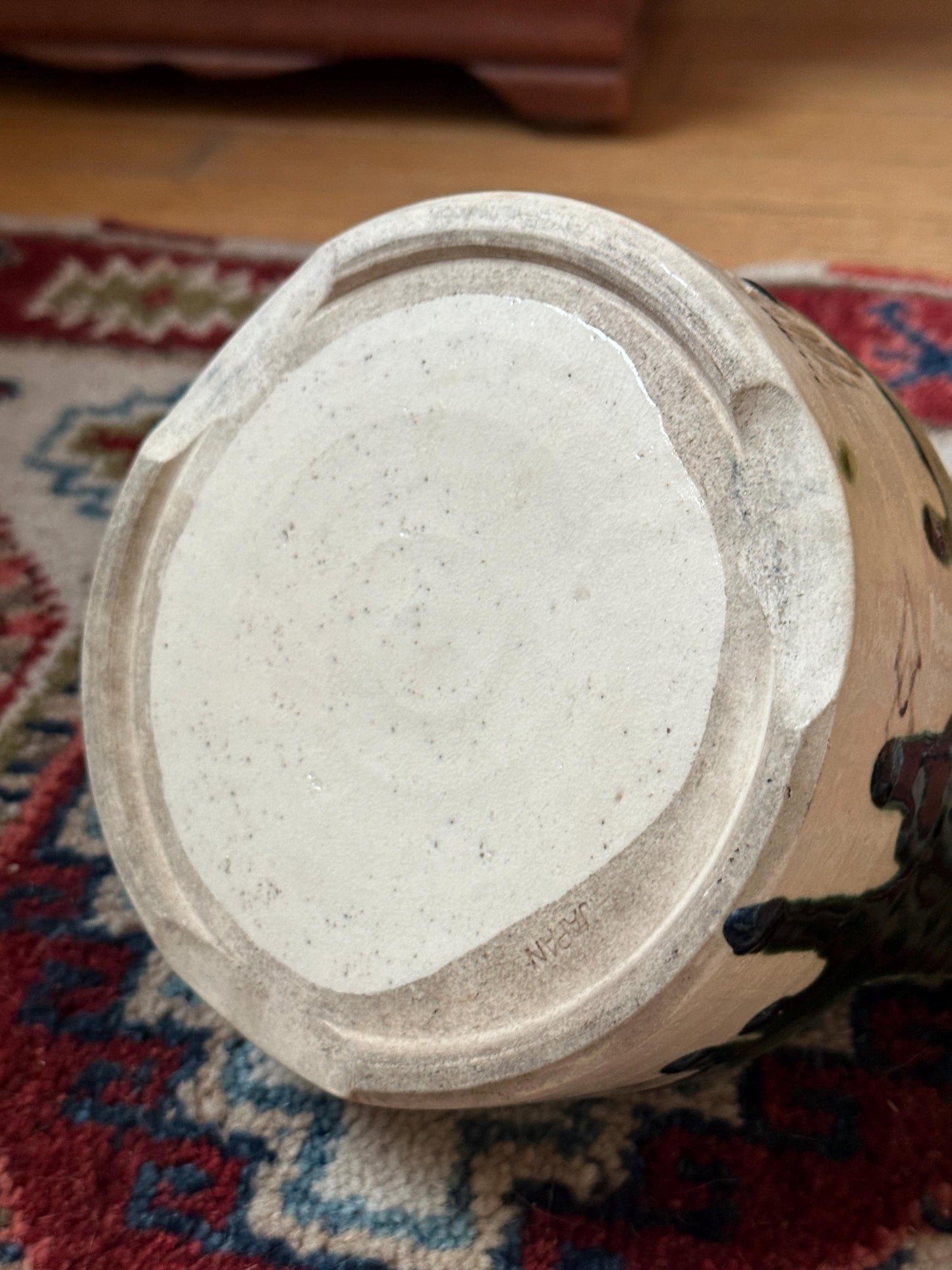 Vintage Hand-Painted Japanese Ceramic Planter: Green & White Glaze