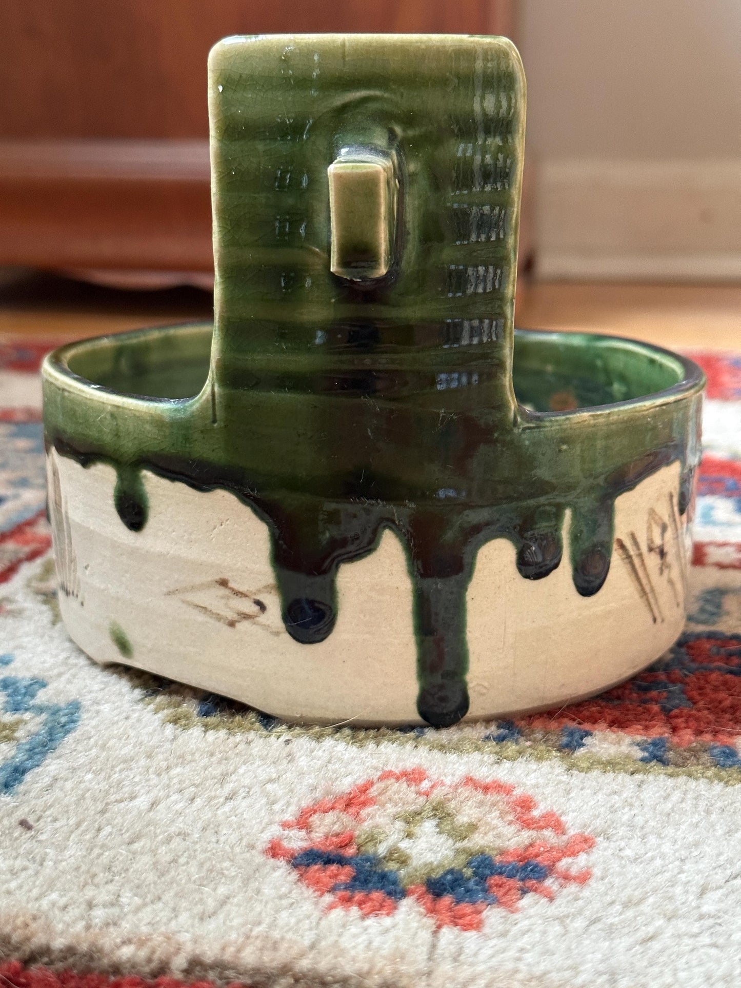 Vintage Hand-Painted Japanese Ceramic Planter: Green & White Glaze