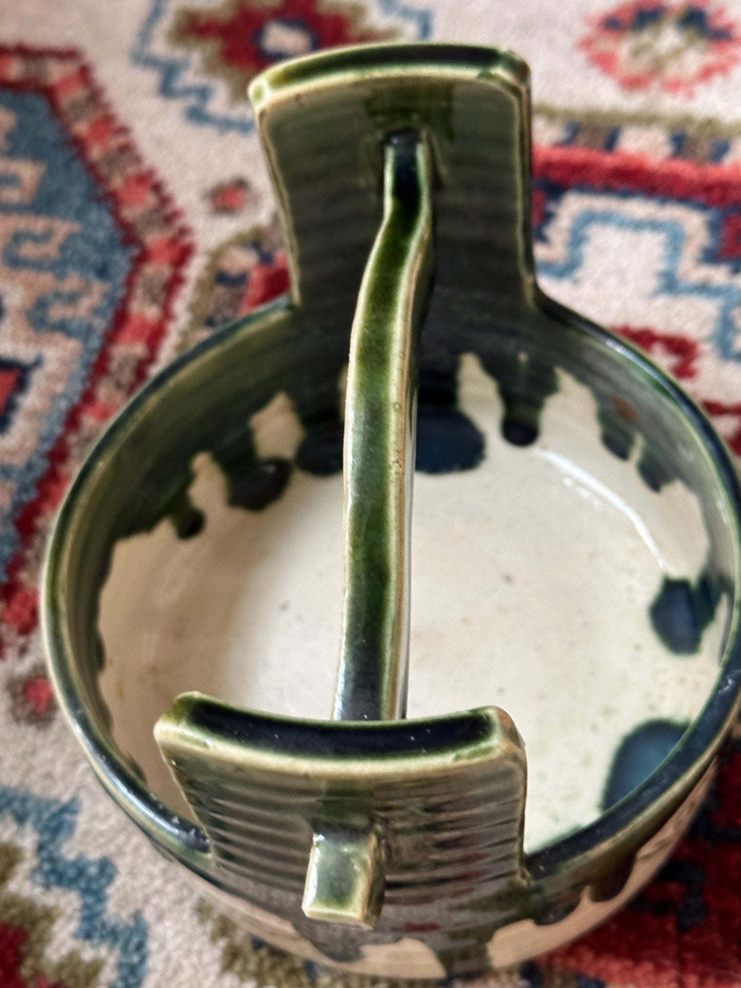 Vintage Hand-Painted Japanese Ceramic Planter: Green & White Glaze