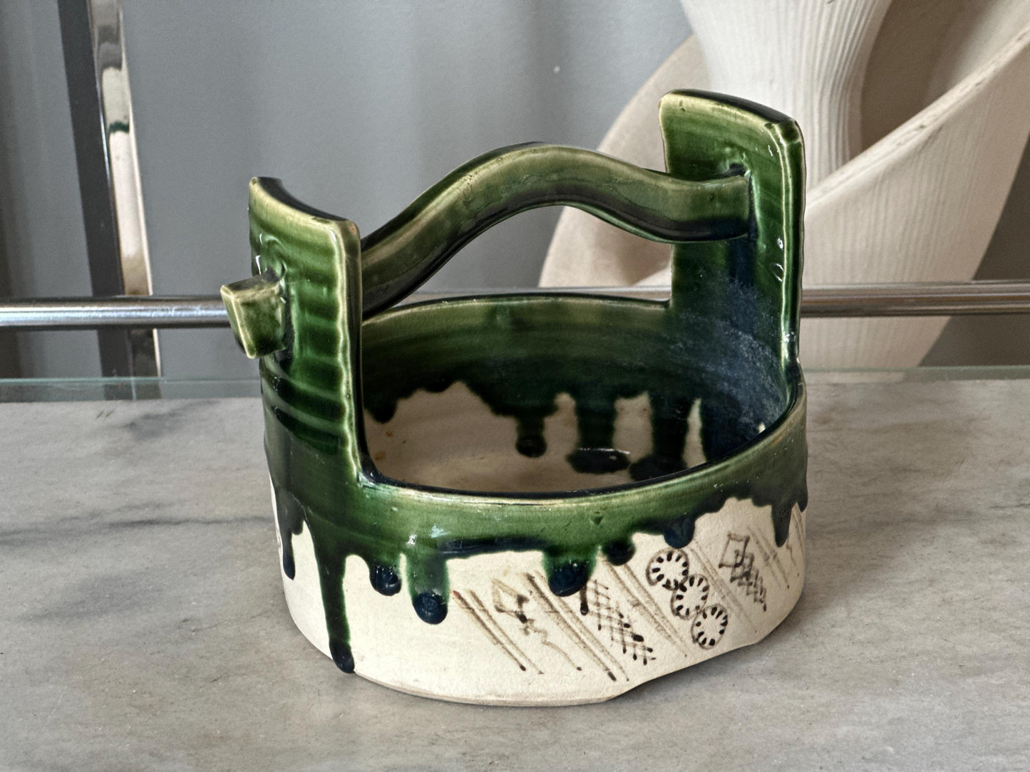 Vintage Hand-Painted Japanese Ceramic Planter: Green & White Glaze