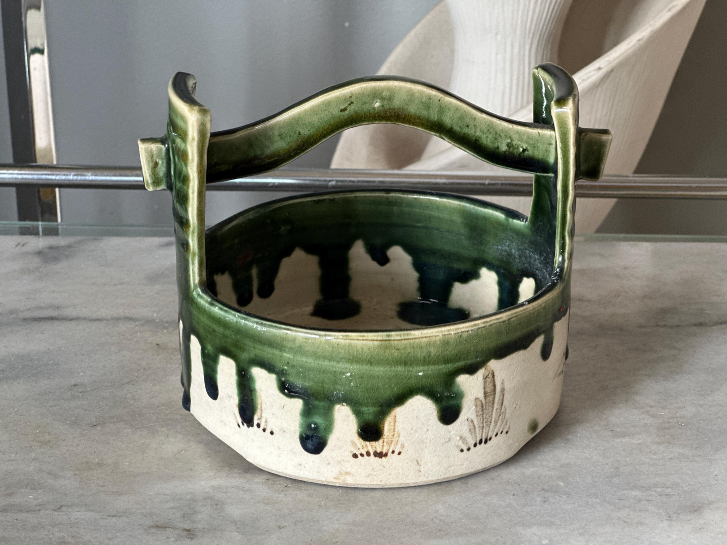 Vintage Hand-Painted Japanese Ceramic Planter: Green & White Glaze