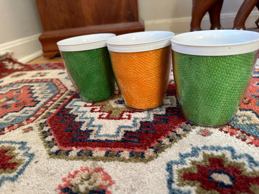 Vintage Burlap Raffia-ware Melmac Plastic Glasses Beverage Barware - Set of 3