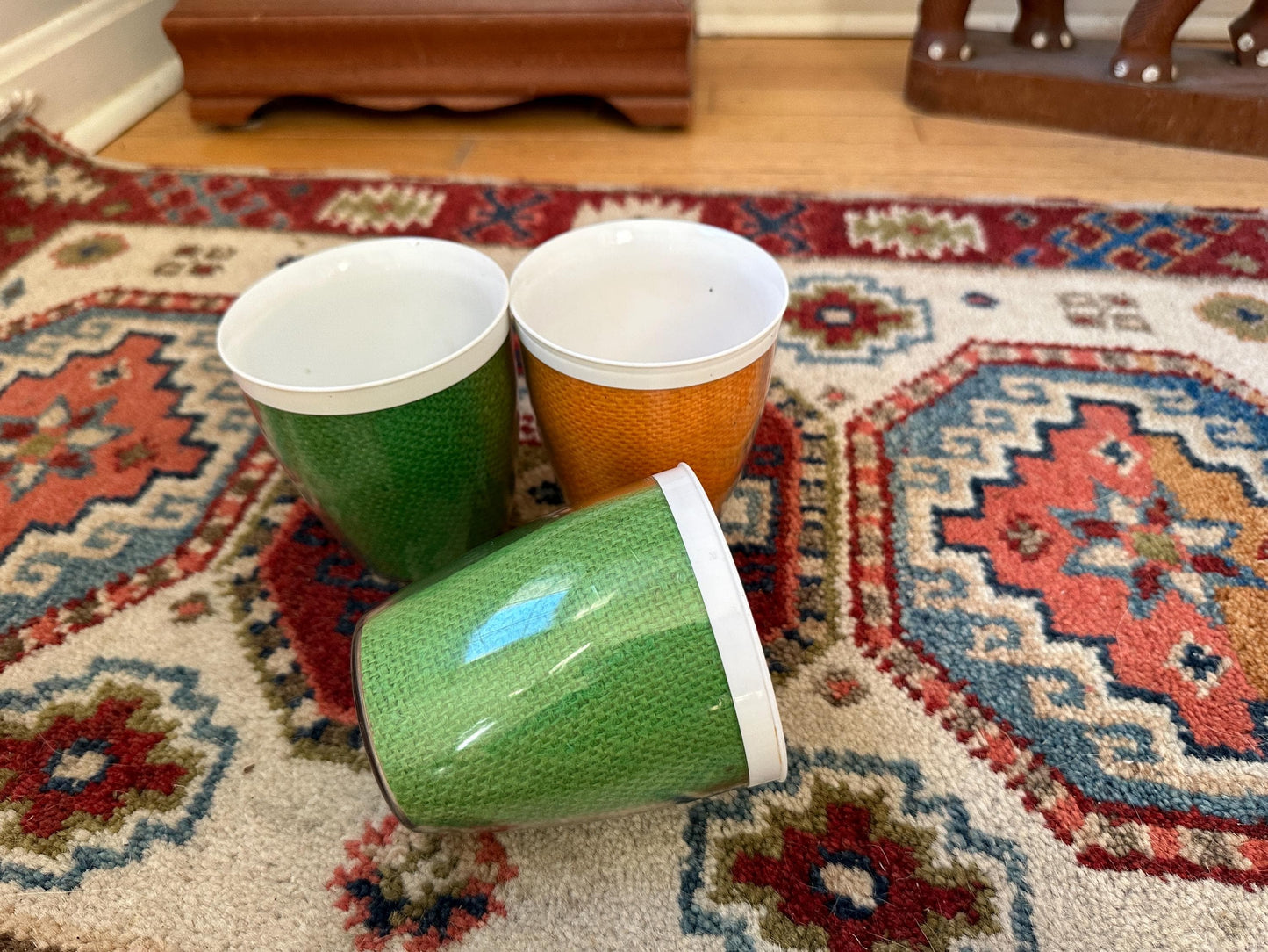 Vintage Burlap Raffia-ware Melmac Plastic Glasses Beverage Barware - Set of 3