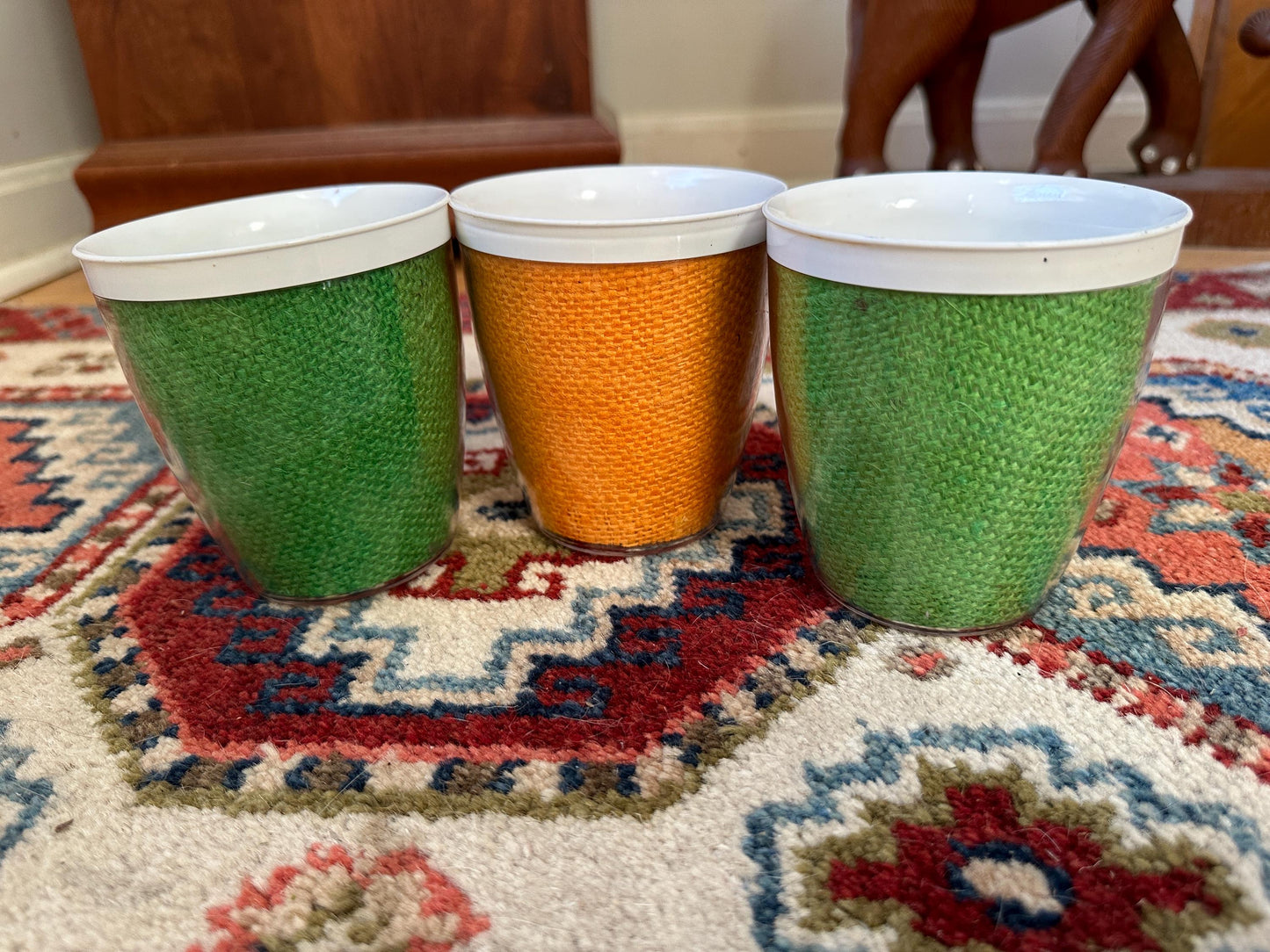Vintage Burlap Raffia-ware Melmac Plastic Glasses Beverage Barware - Set of 3