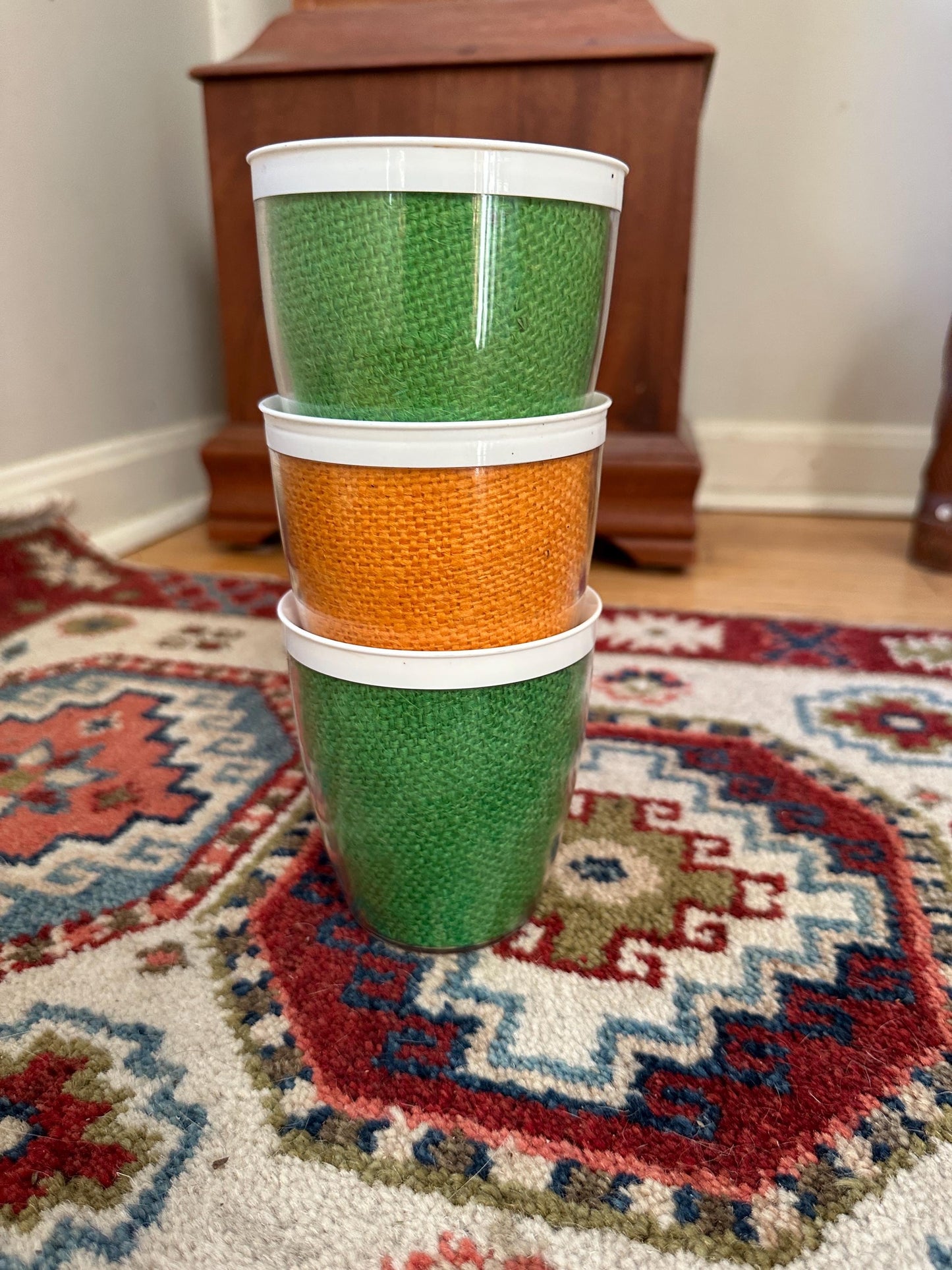 Vintage Burlap Raffia-ware Melmac Plastic Glasses Beverage Barware - Set of 3