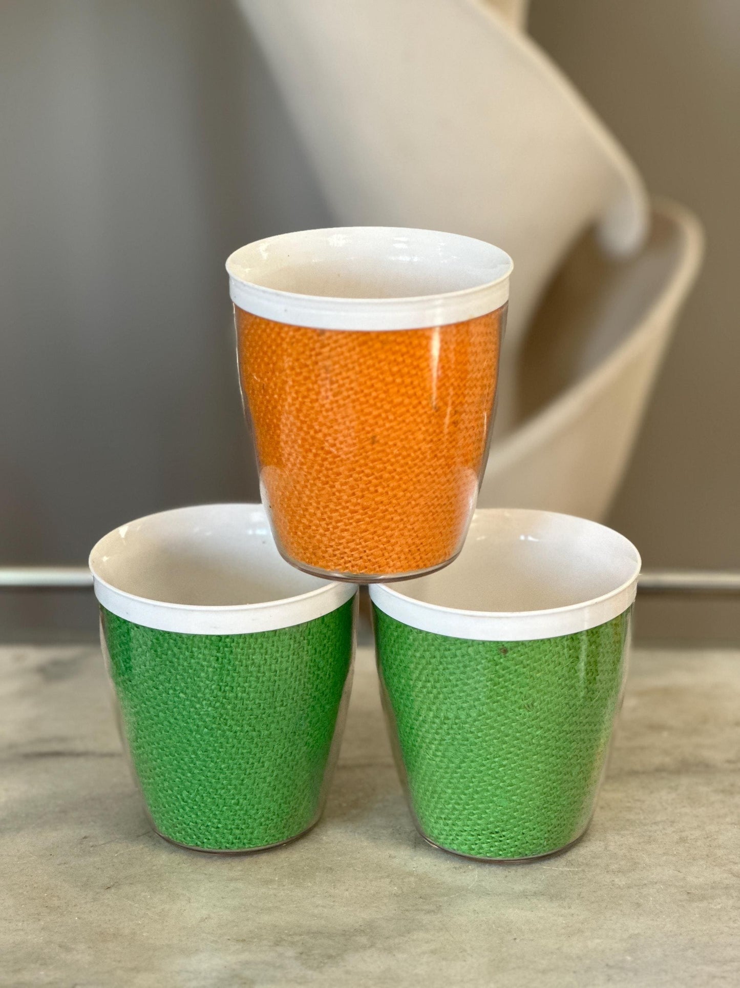 Vintage Burlap Raffia-ware Melmac Plastic Glasses Beverage Barware - Set of 3