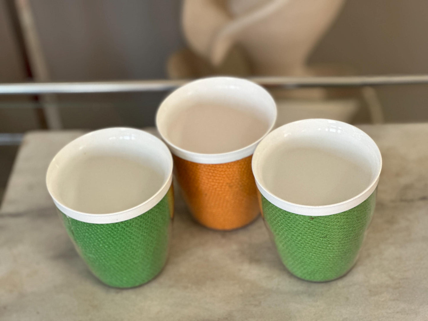 Vintage Burlap Raffia-ware Melmac Plastic Glasses Beverage Barware - Set of 3