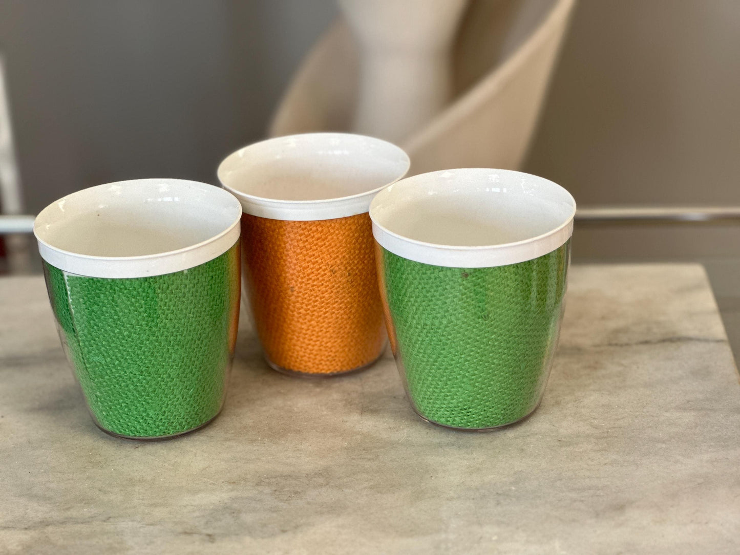 Vintage Burlap Raffia-ware Melmac Plastic Glasses Beverage Barware - Set of 3