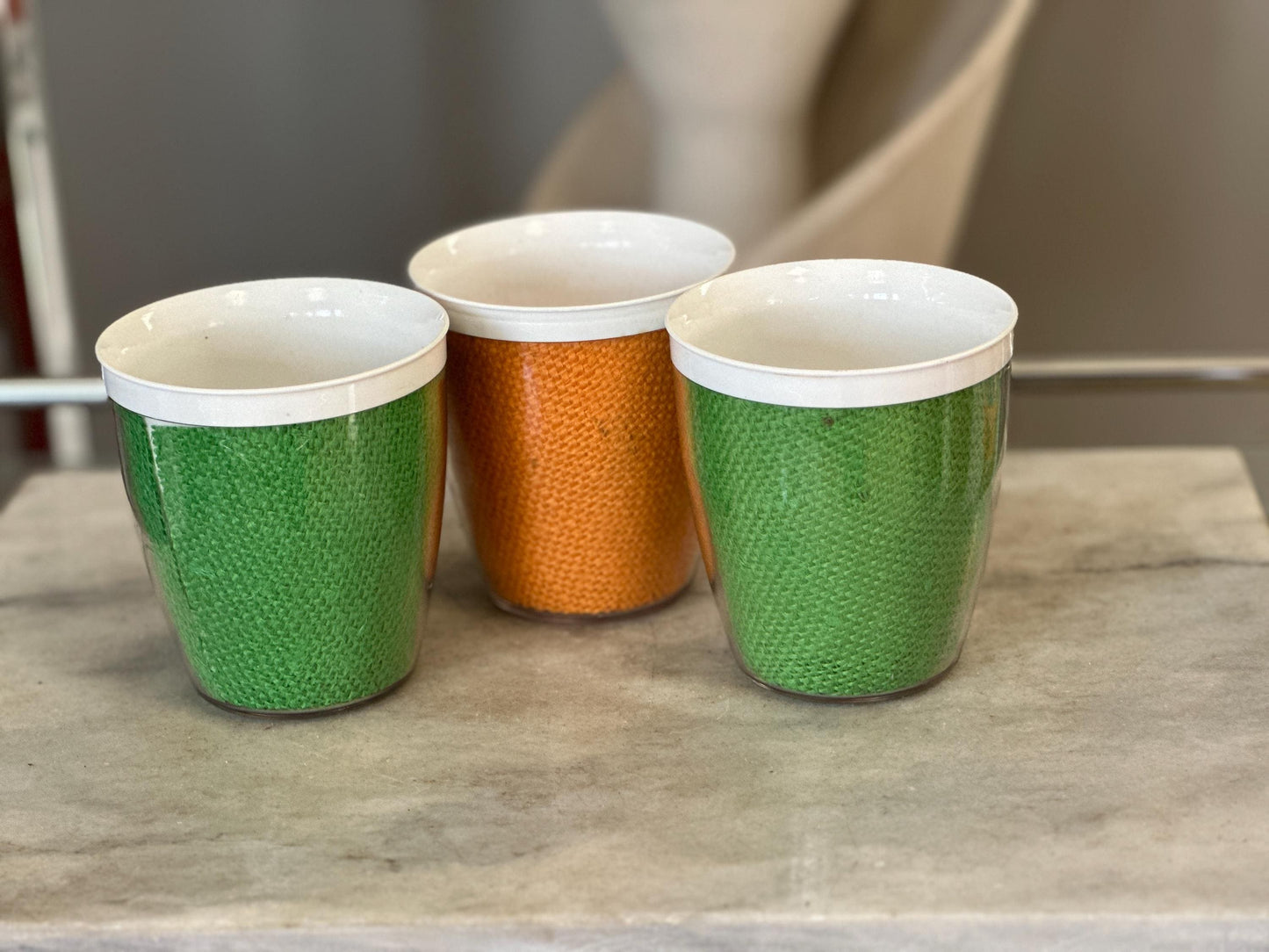 Vintage Burlap Raffia-ware Melmac Plastic Glasses Beverage Barware - Set of 3