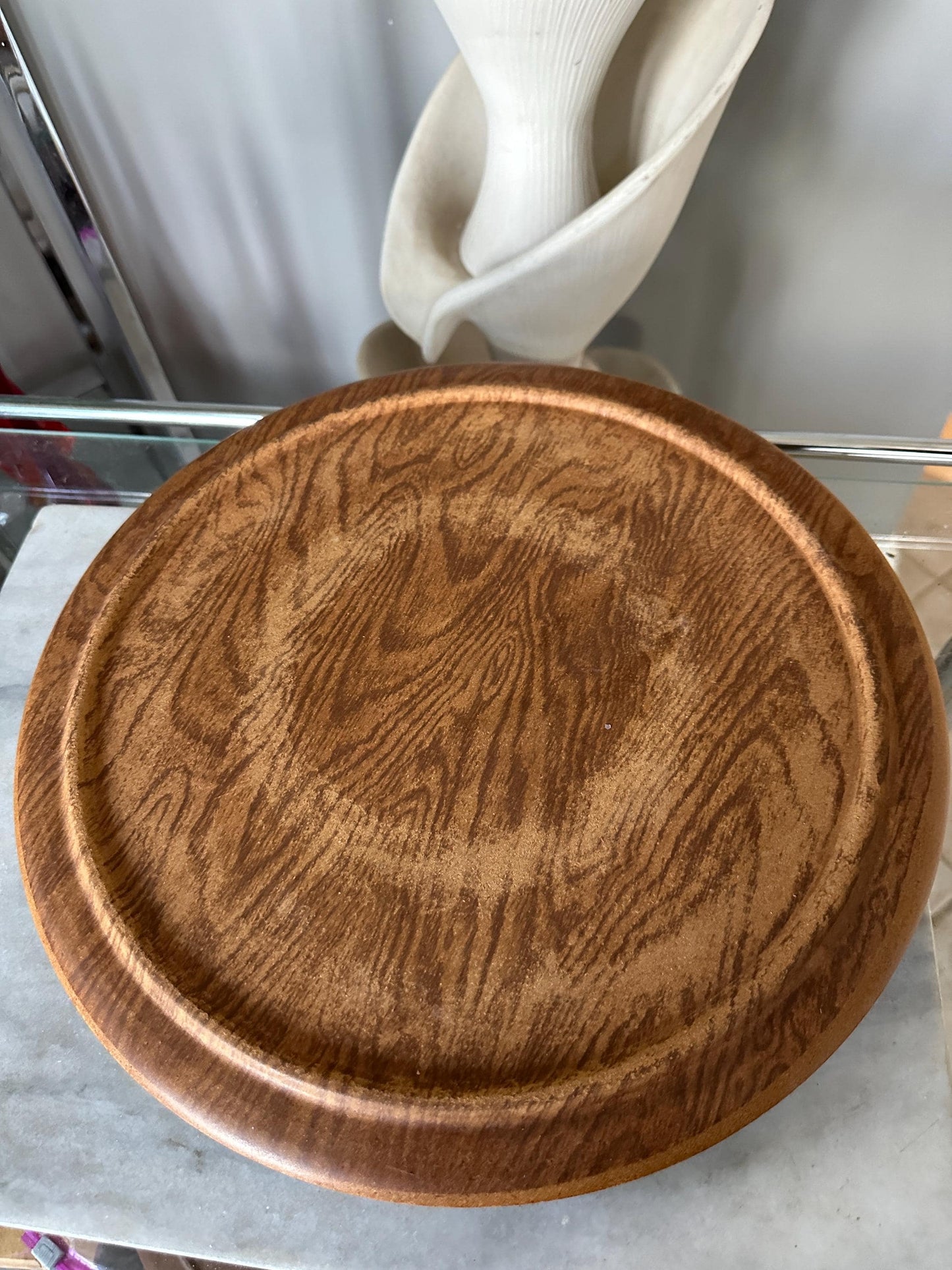 Vintage Mid-Century California Pottery Lazy Susan Serving Set – No. USA 669 – Retro Orange & Brown Divided Dish on Wooden Base