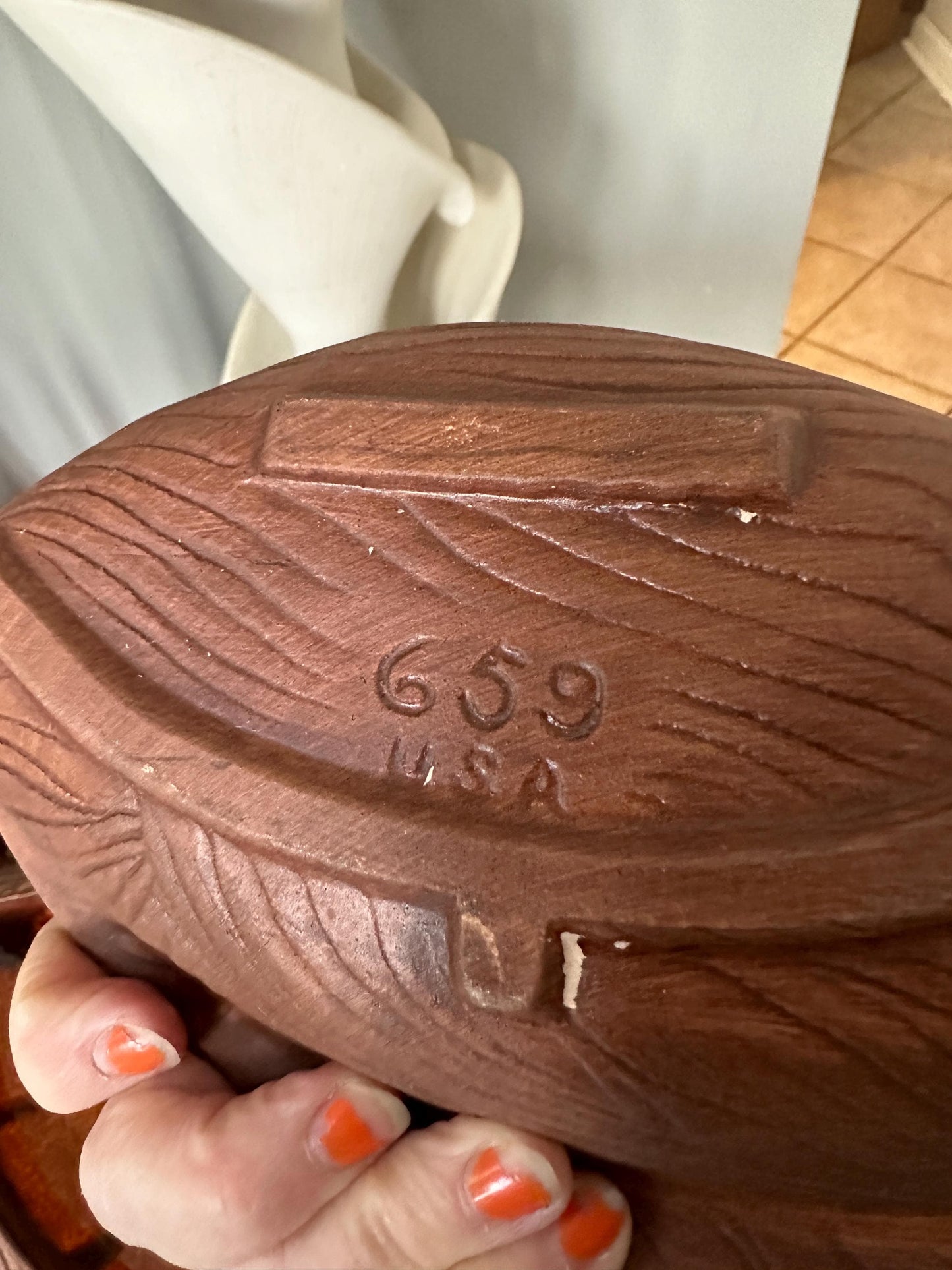 Vintage Mid-Century California Pottery Lazy Susan Serving Set – No. USA 669 – Retro Orange & Brown Divided Dish on Wooden Base