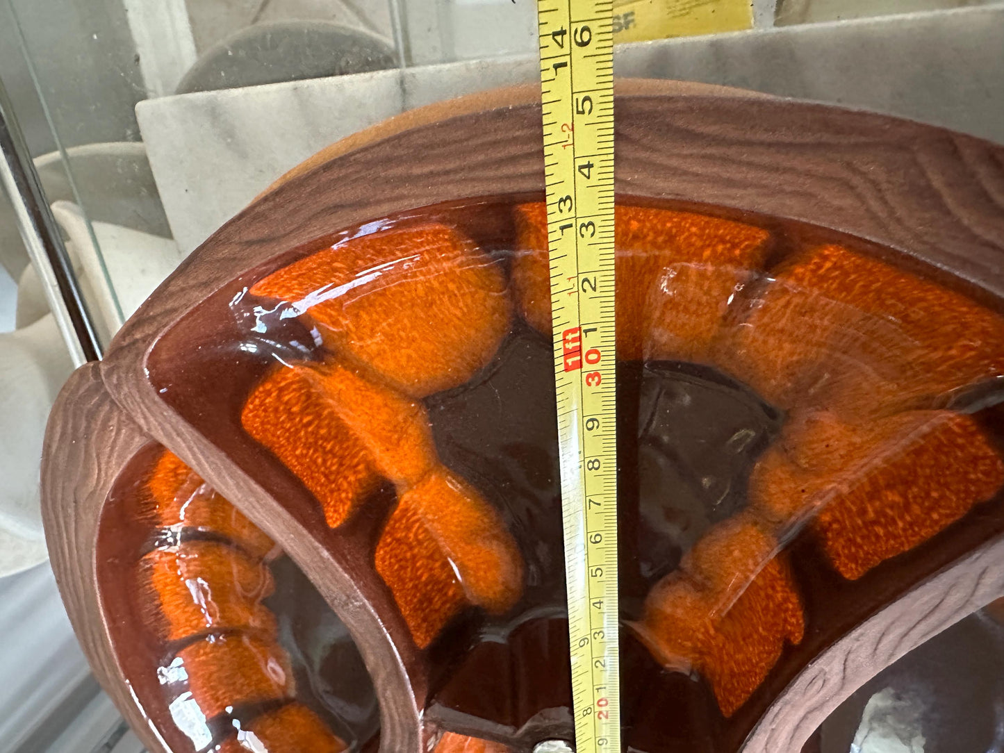 Vintage Mid-Century California Pottery Lazy Susan Serving Set – No. USA 669 – Retro Orange & Brown Divided Dish on Wooden Base