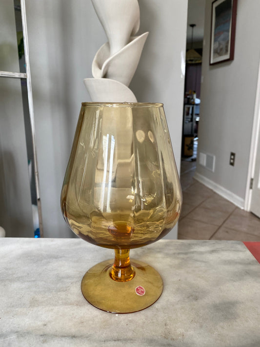 Vintage Amber Glass Optic Brandy Snifter, Mid Century Modern Amber Glass Goblet, MCM Collectible Glass Vase Decor