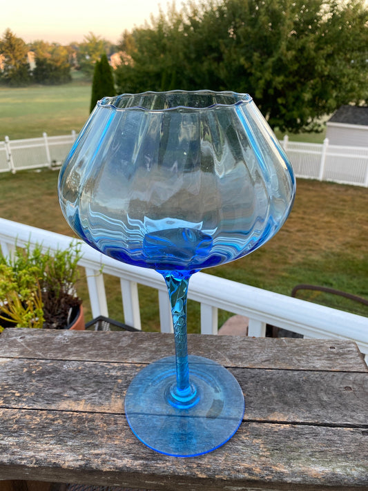 Vintage Retro MCM Turquoise Blown Glass Brandy Snifter / Vase 12” tall | Empoli Optic Ribbed Swia Snifter Vace | Mid Century Modern