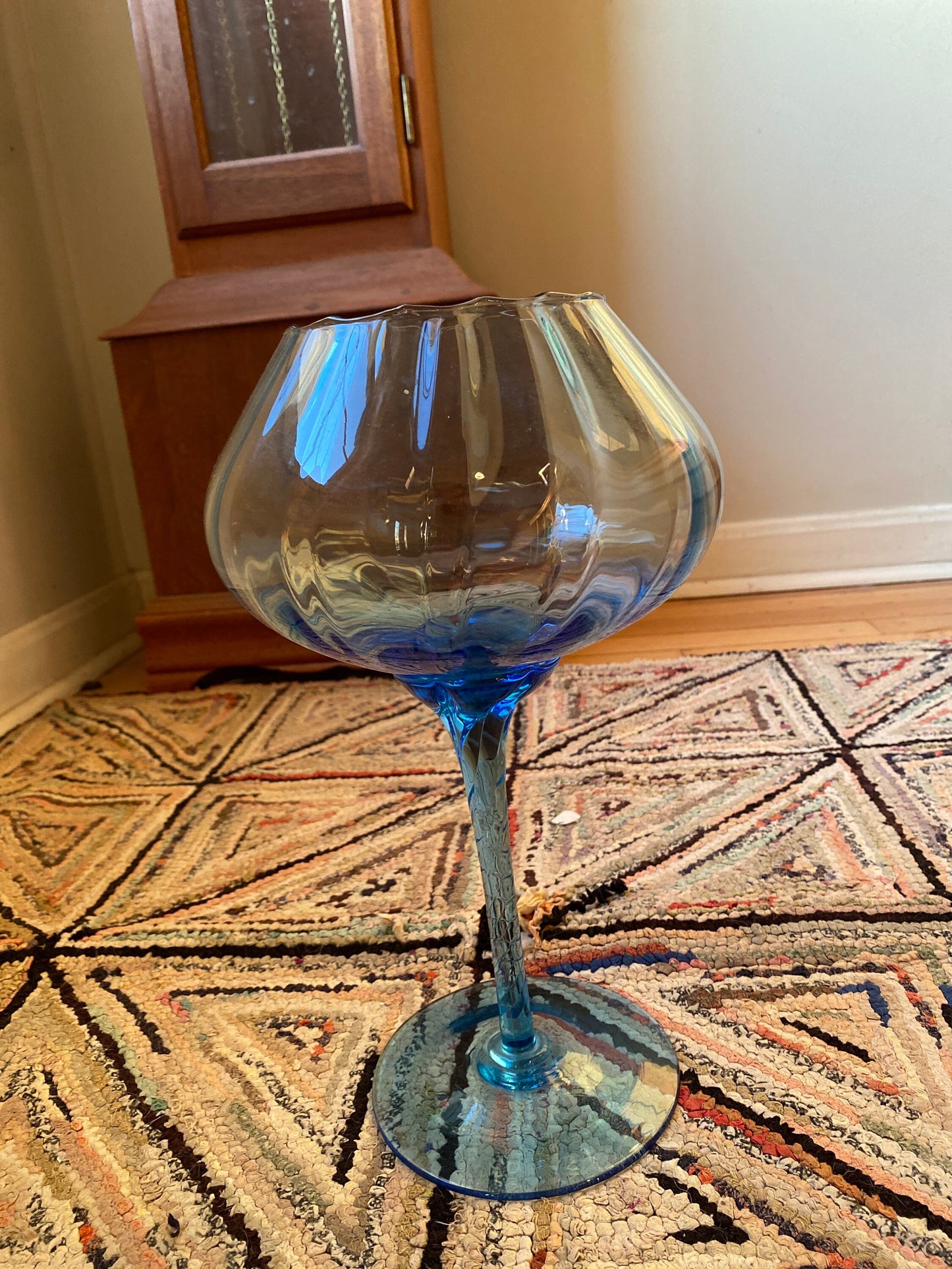 Vintage Retro MCM Turquoise Blown Glass Brandy Snifter / Vase 12” tall | Empoli Optic Ribbed Swia Snifter Vace | Mid Century Modern