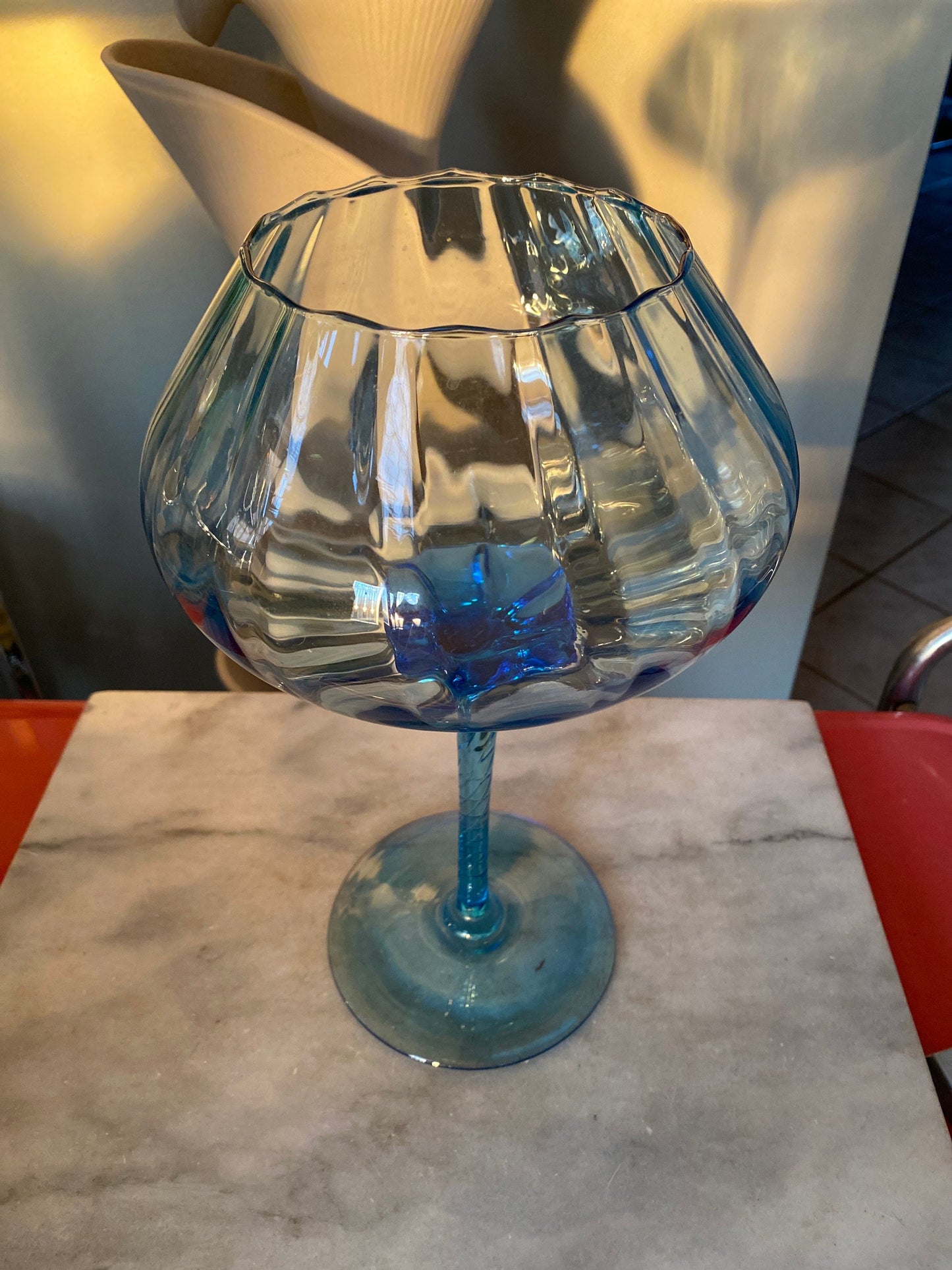 Vintage Retro MCM Turquoise Blown Glass Brandy Snifter / Vase 12” tall | Empoli Optic Ribbed Swia Snifter Vace | Mid Century Modern