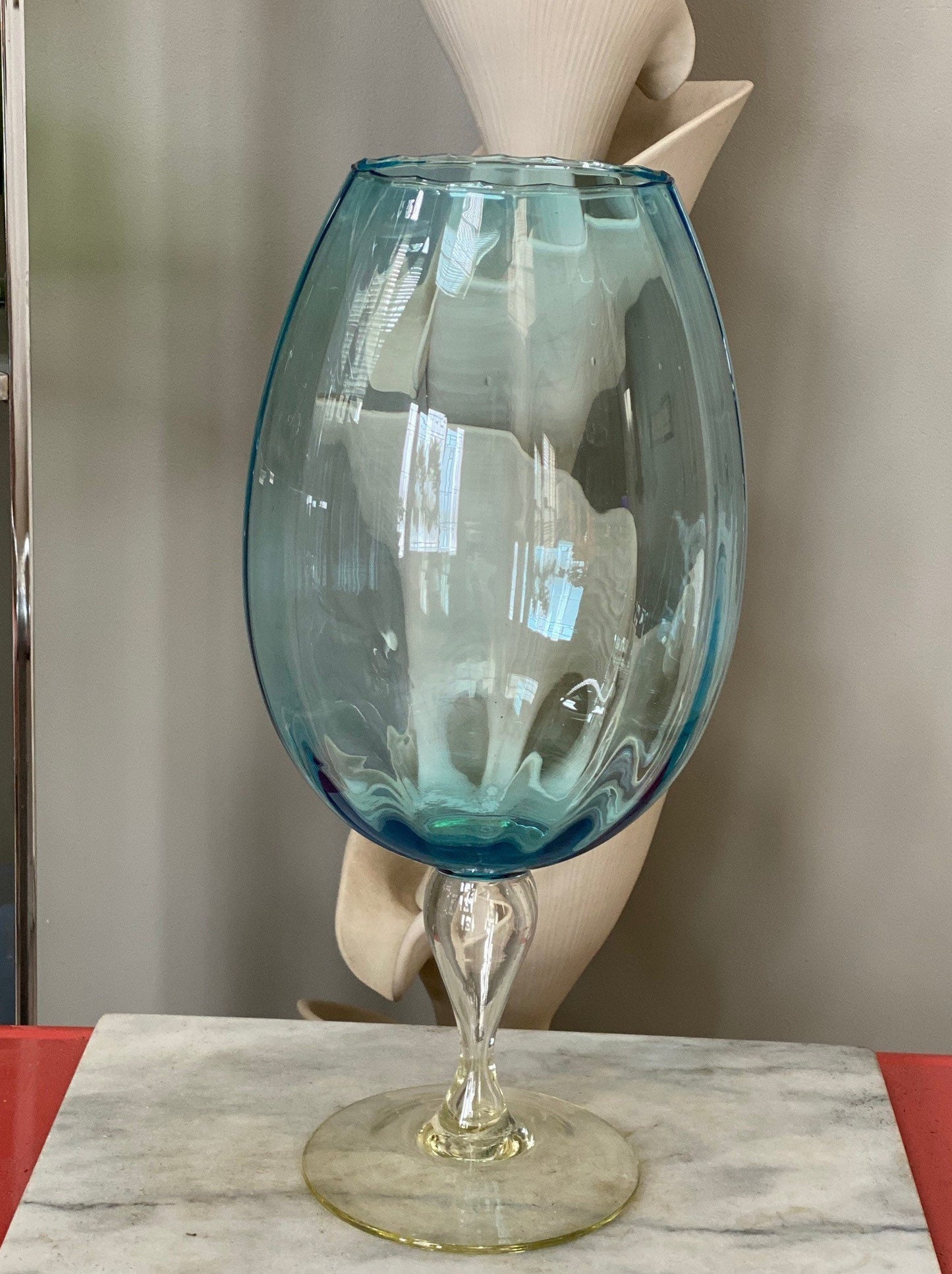 Mid Century Empoli Oversize Glass Snifter Goblet | Aqua Optic Stipe Art Gkass w Clear Pedeatal Base | 19” x 9”