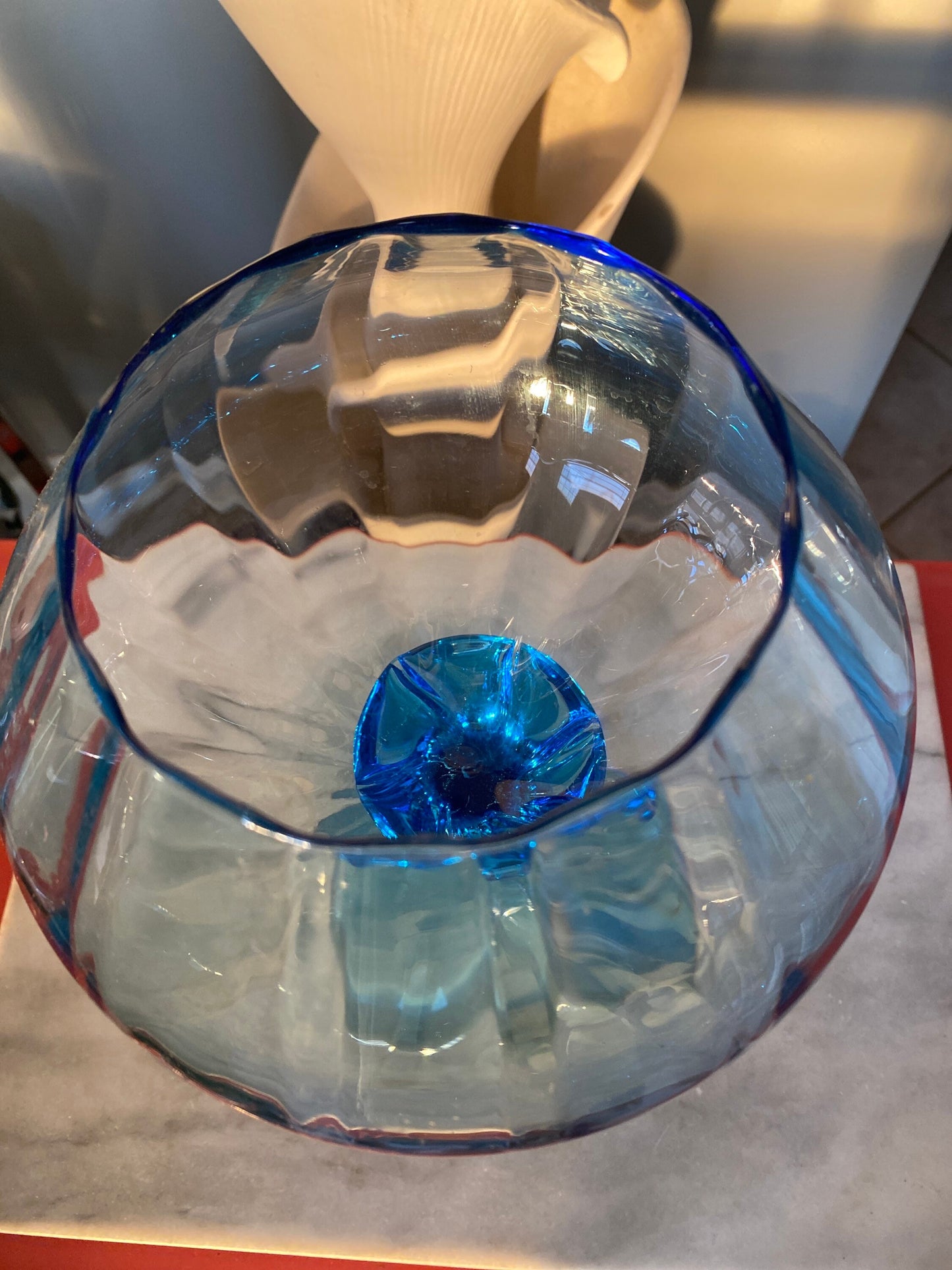 Vintage Retro MCM Turquoise Blown Glass Brandy Snifter / Vase 12” tall | Empoli Optic Ribbed Swia Snifter Vace | Mid Century Modern