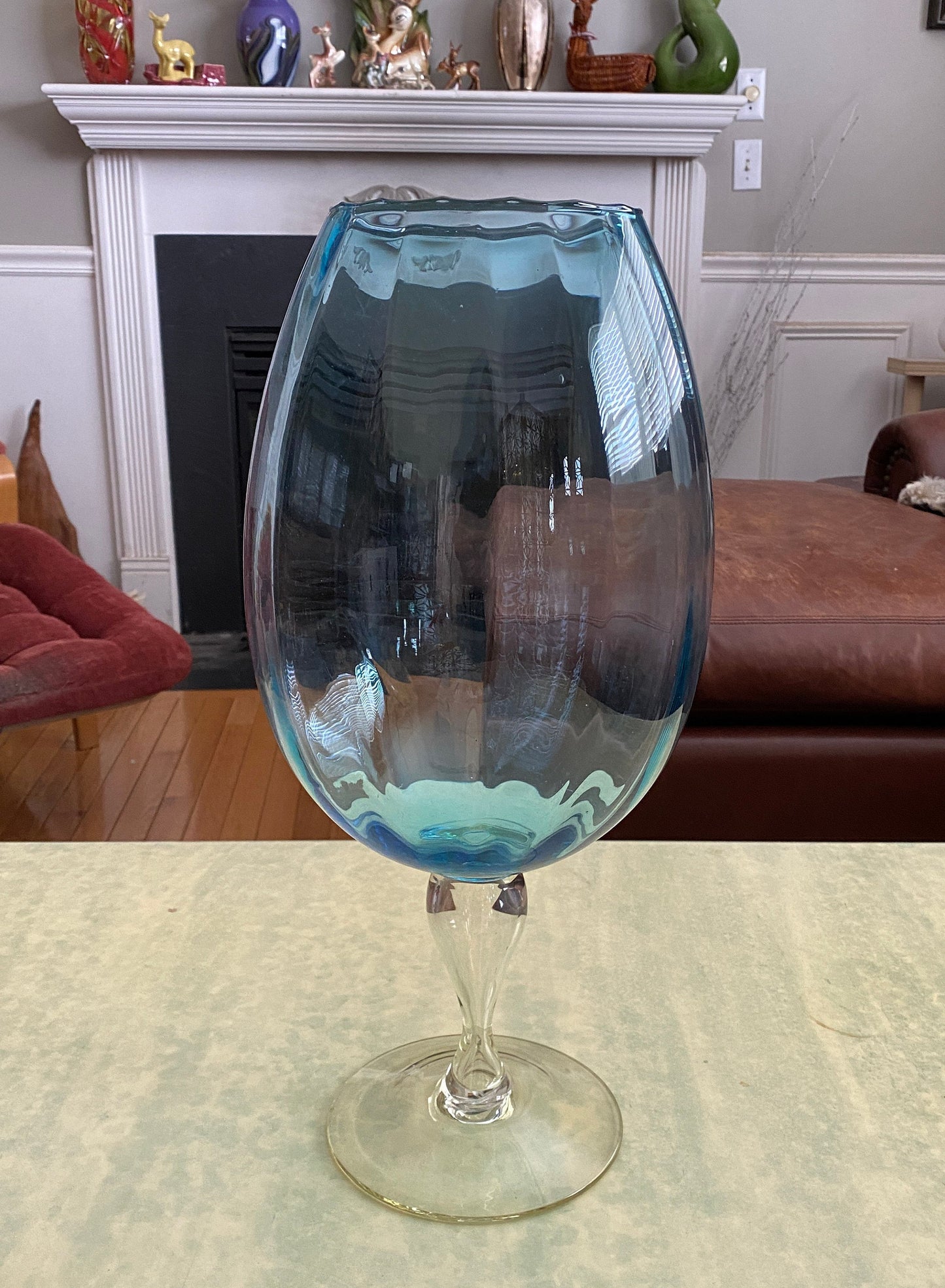 Mid Century Empoli Oversize Glass Snifter Goblet | Aqua Optic Stipe Art Gkass w Clear Pedeatal Base | 19” x 9”
